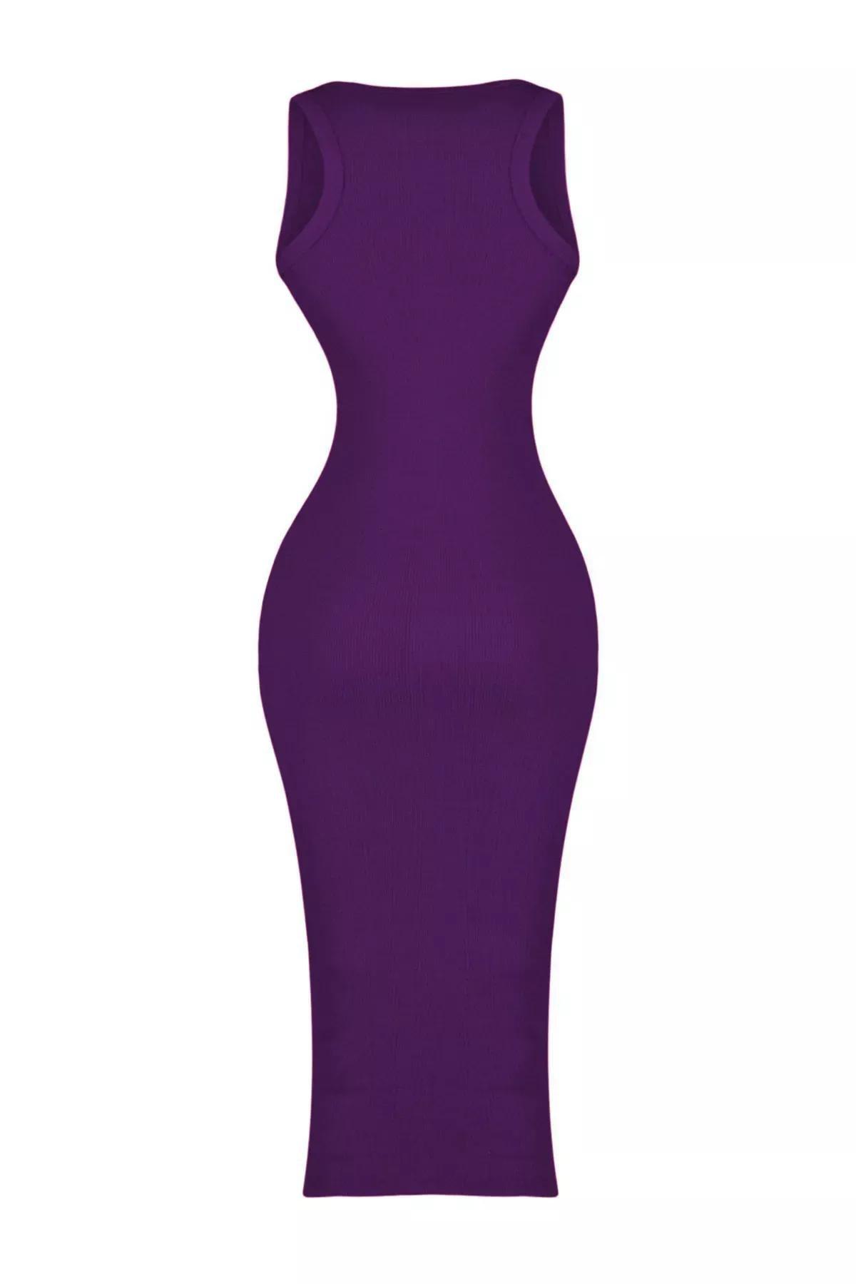 Purple Ribbed Bodycon Midi Pencil Dress, , large image number 4