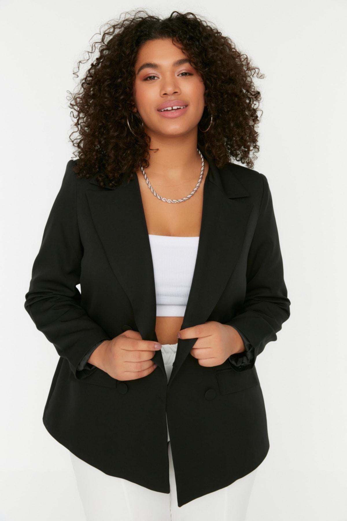 Black Lapel Collar Plus Size Jacket, , large image number 0