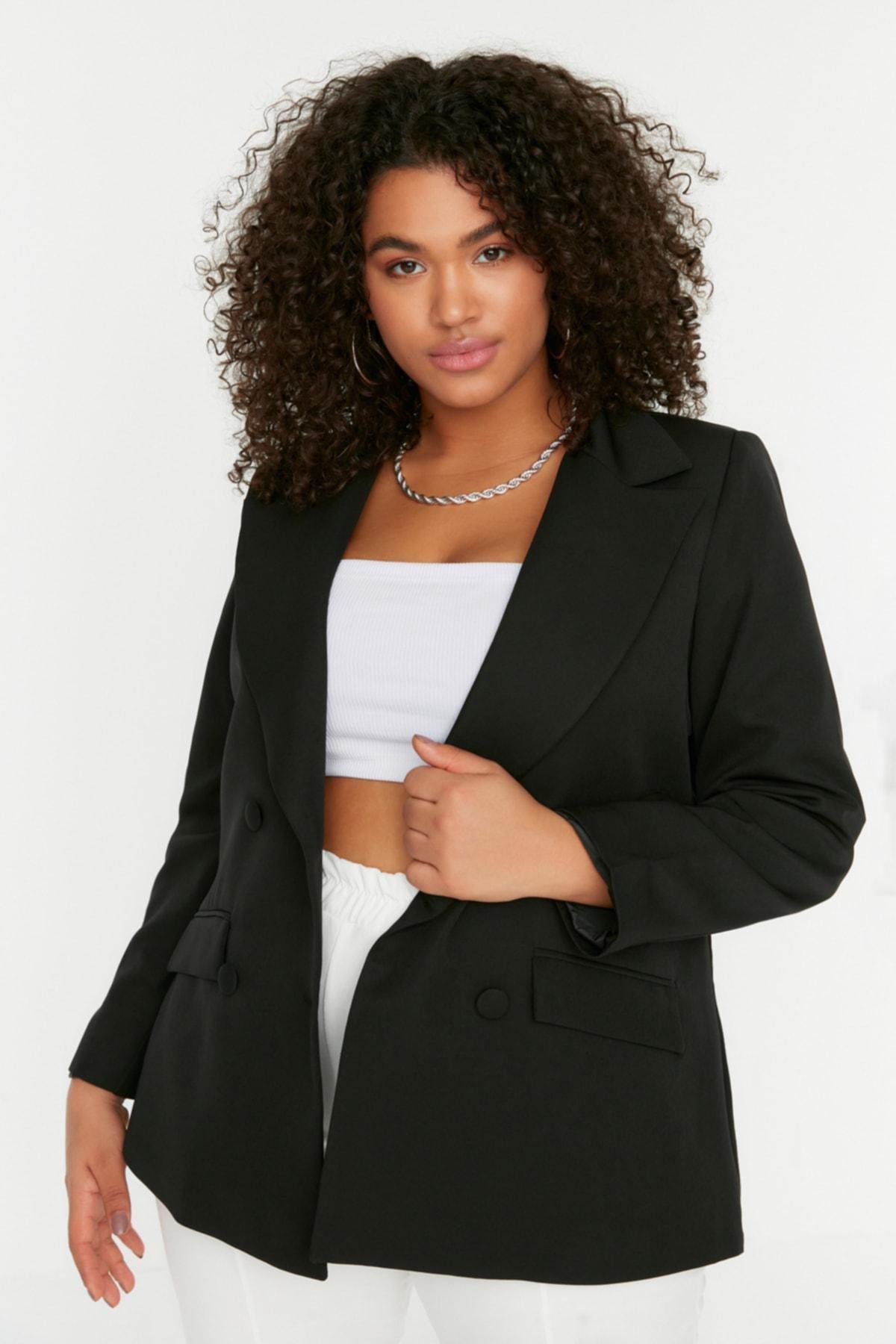 Black Lapel Collar Plus Size Jacket, , large image number 1