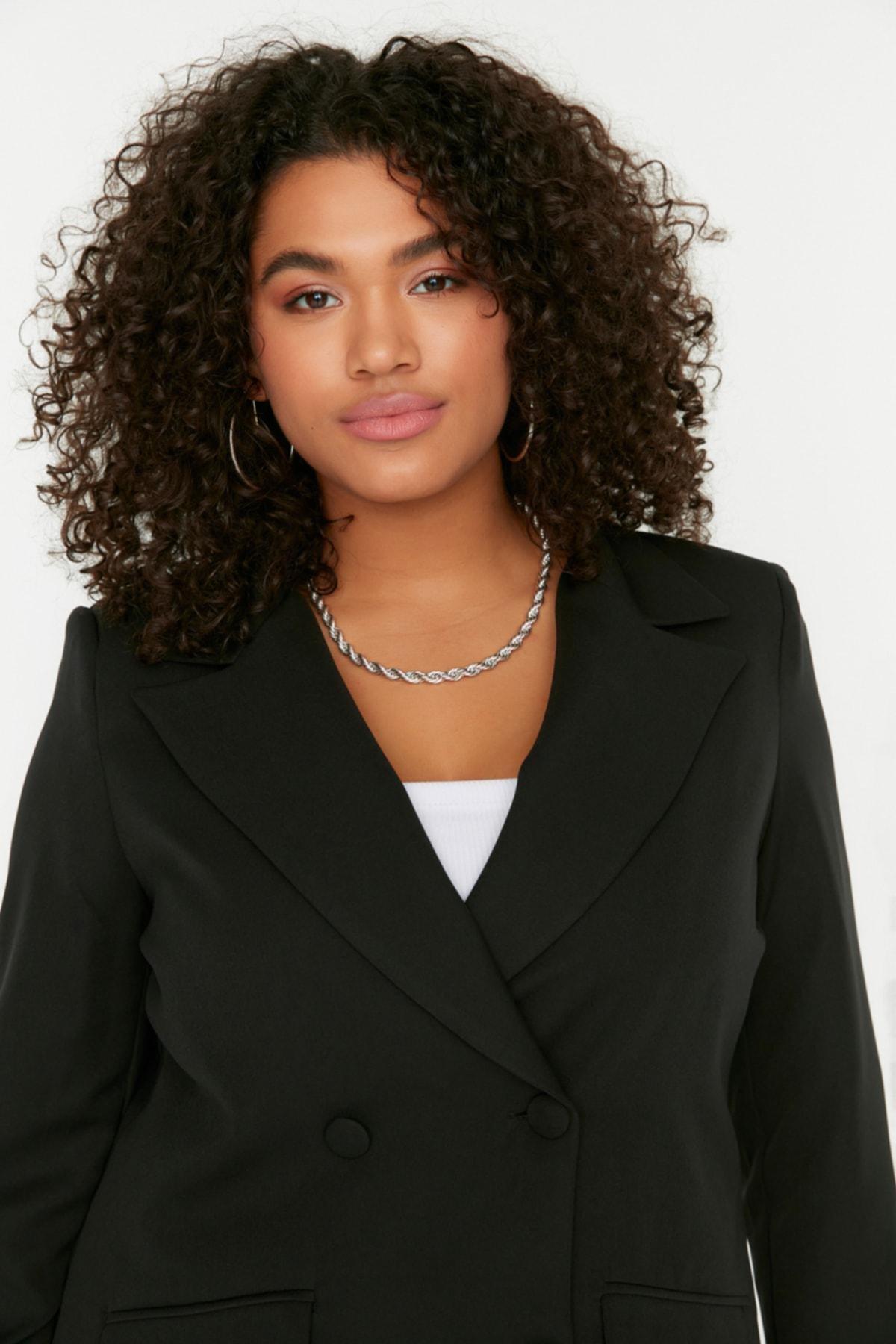 Black Lapel Collar Plus Size Jacket, , large image number 2