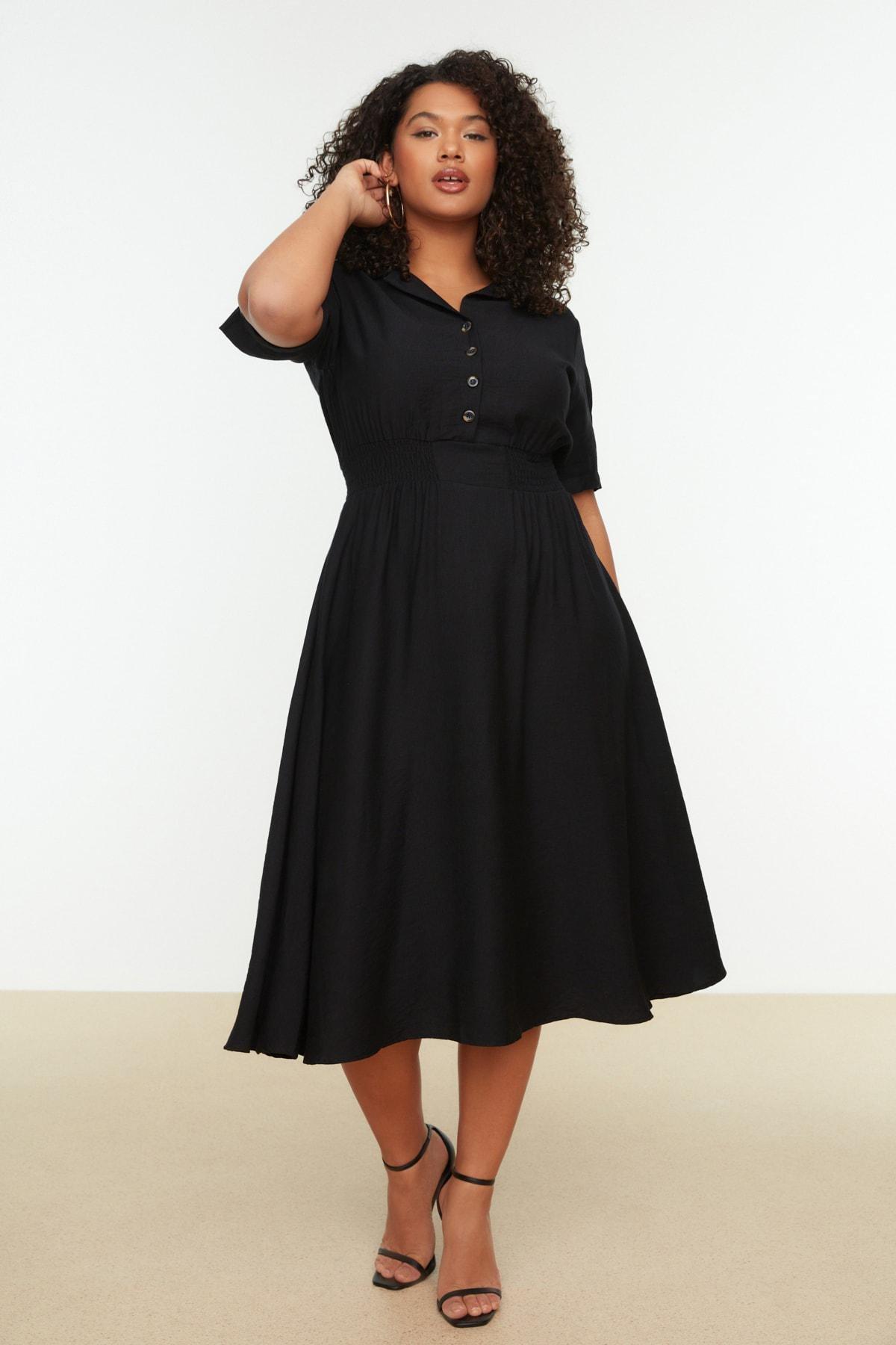 Unique Vintage Plus Size Black Button Swing Dress