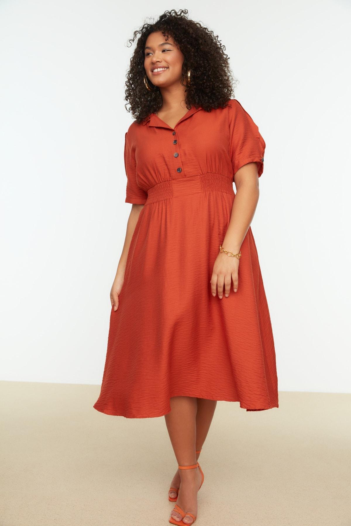 Orange A-Line Plus Size Midi Dress, , large image number 0