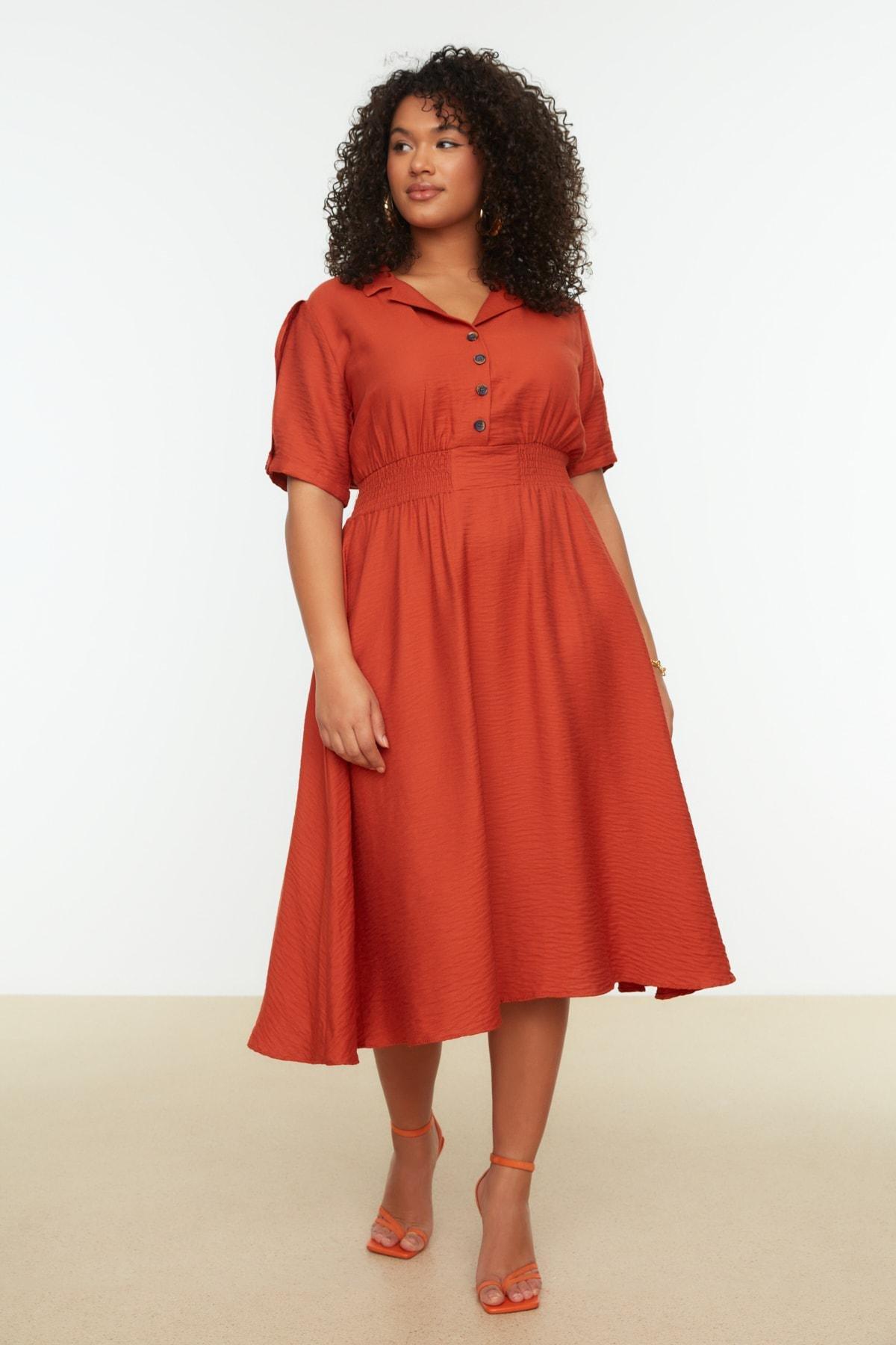 Orange A-Line Plus Size Midi Dress, , large image number 1
