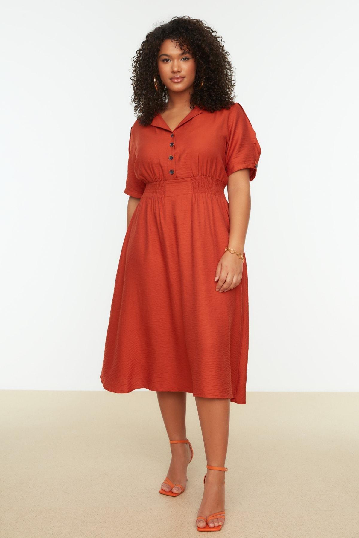Orange A-Line Plus Size Midi Dress, Orange, medium