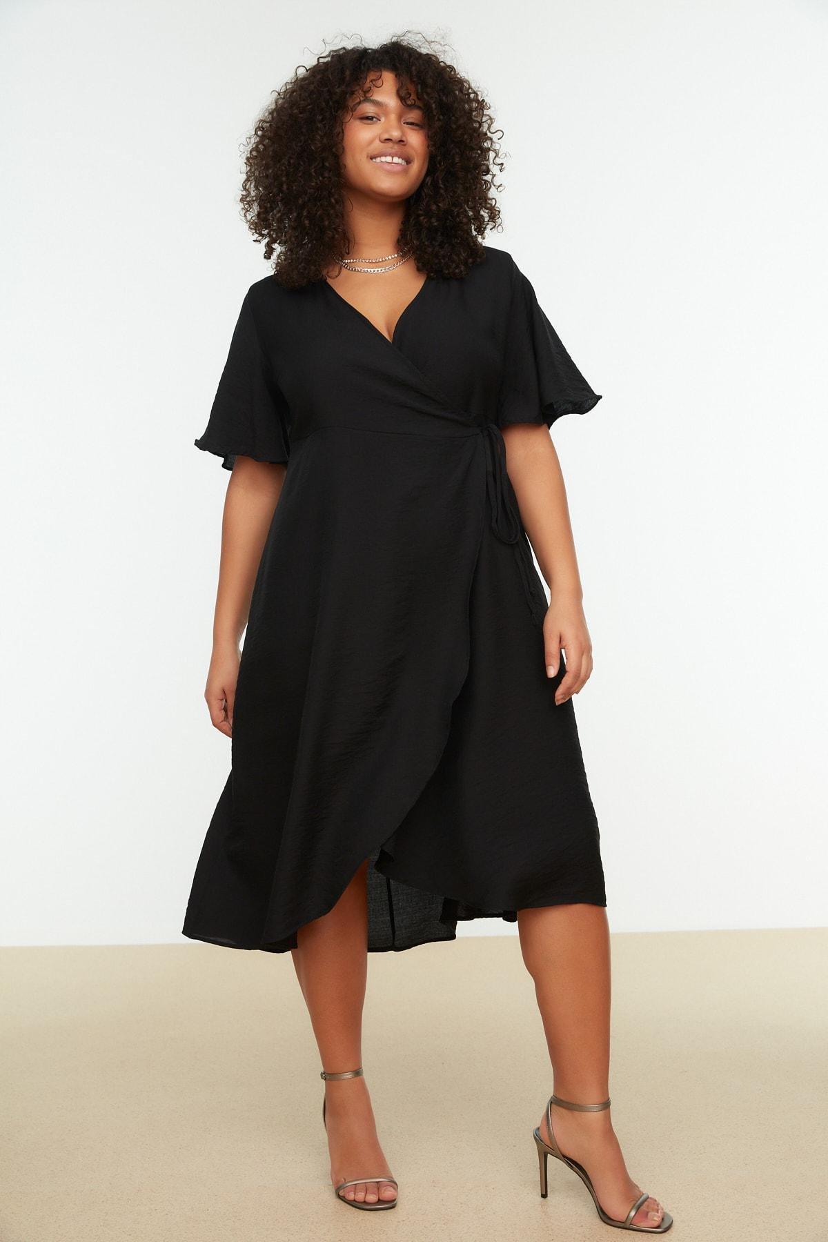 Black Wrapover V Neck Plus Size Dress, , large image number 0