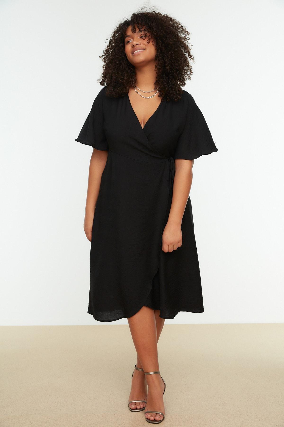 Black Wrapover V Neck Plus Size Dress, , large image number 1