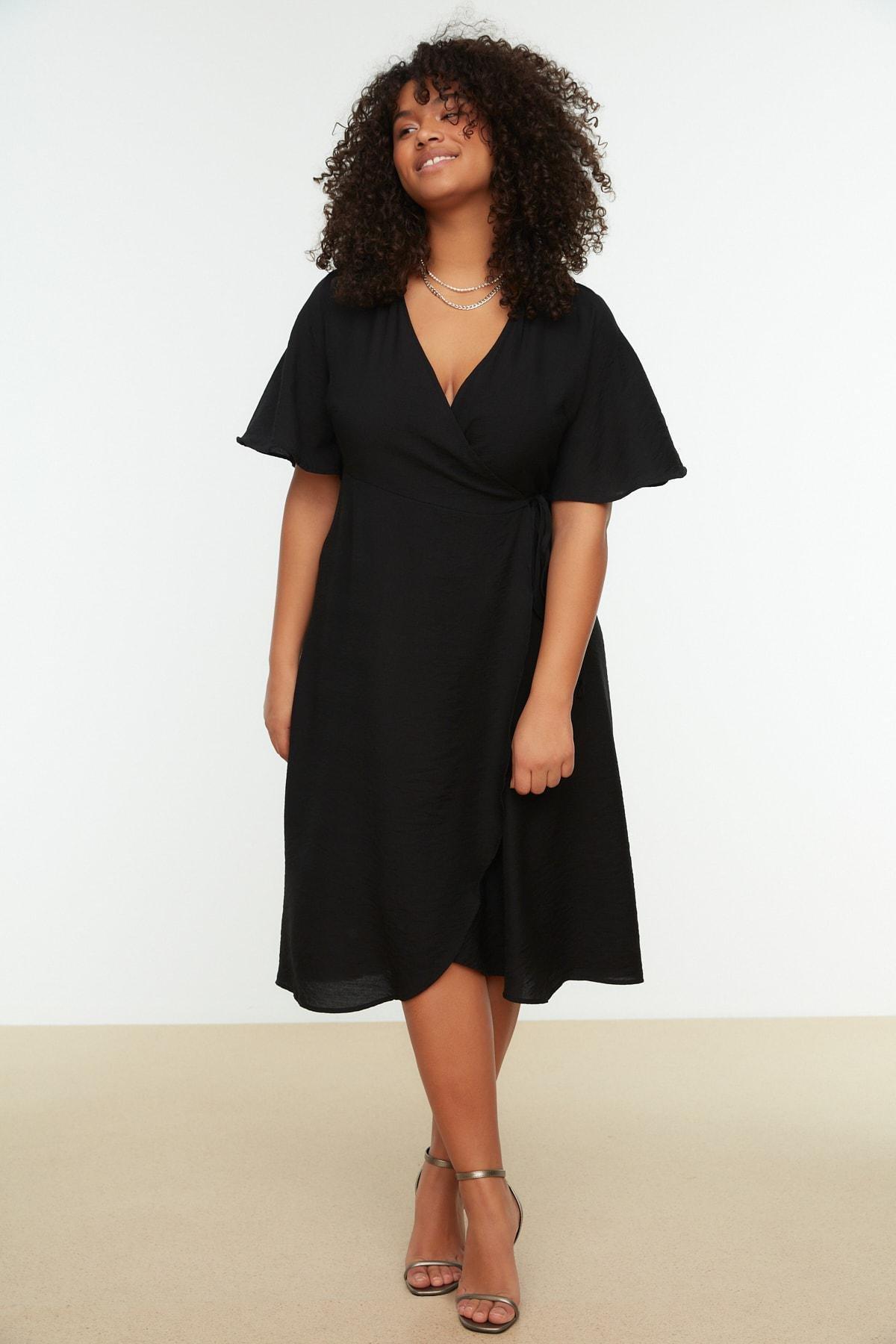 Trendyol - Black Wrapover V Neck Plus Size Dress