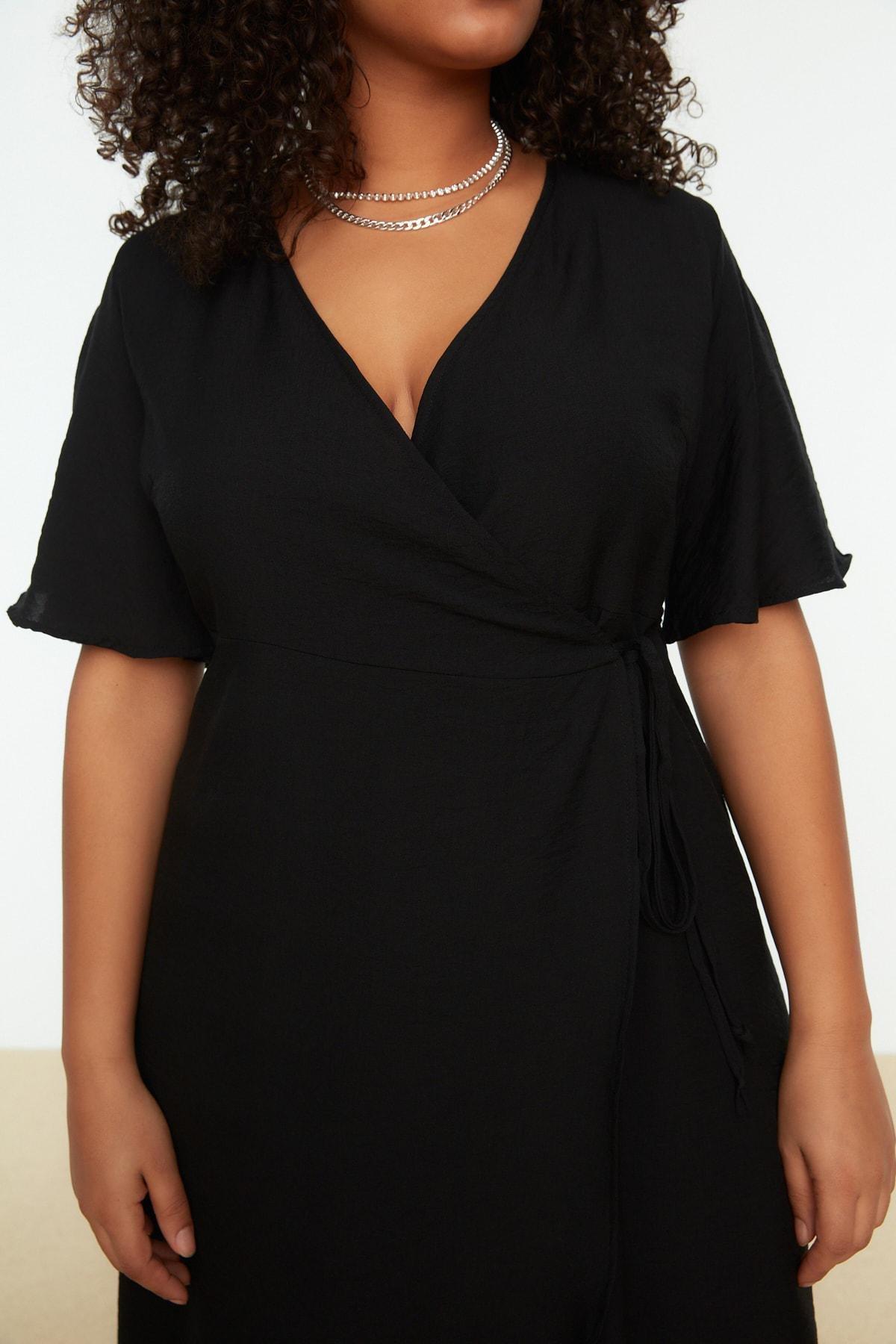 Trendyol - Black Wrapover V Neck Plus Size Dress