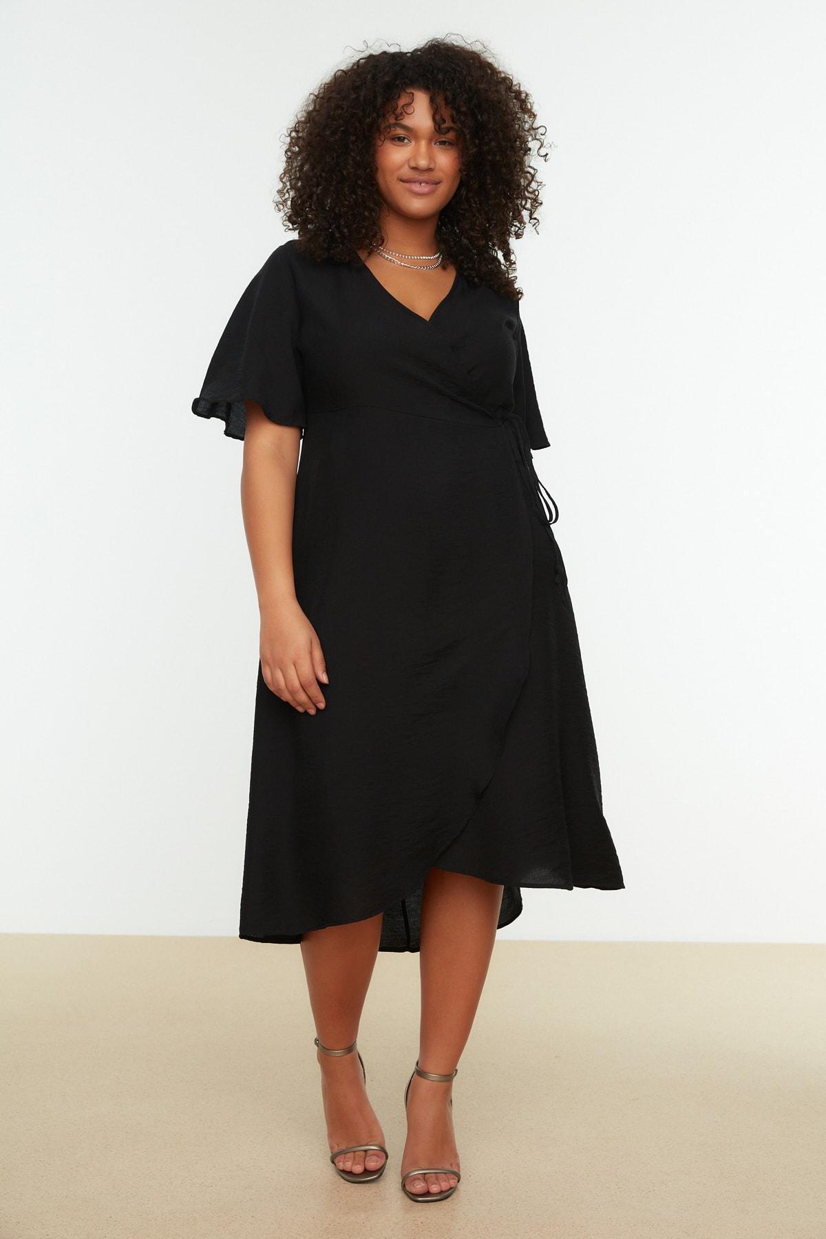 Black Wrapover V Neck Plus Size Dress, , large image number 3