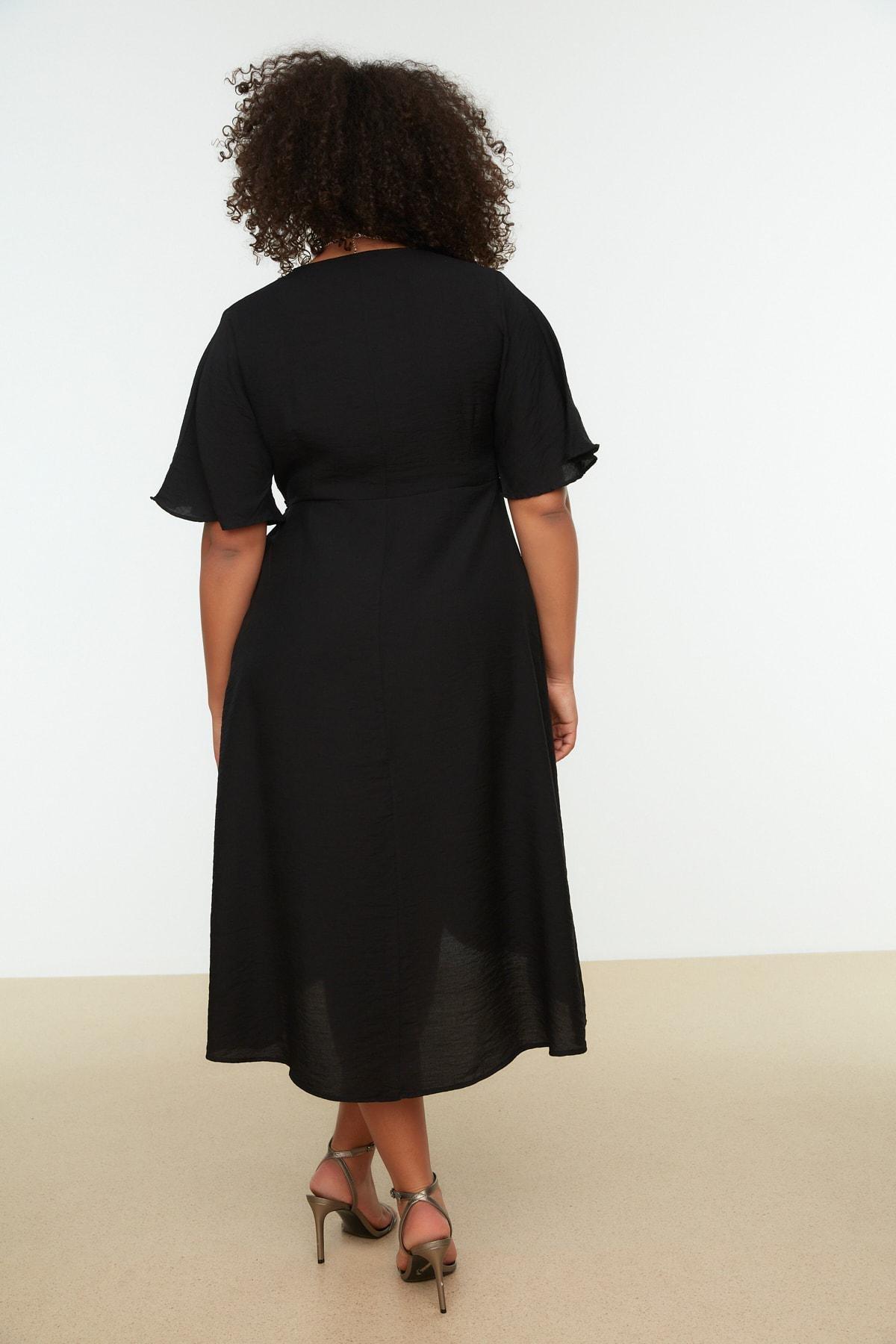 Trendyol - Black Wrapover V Neck Plus Size Dress