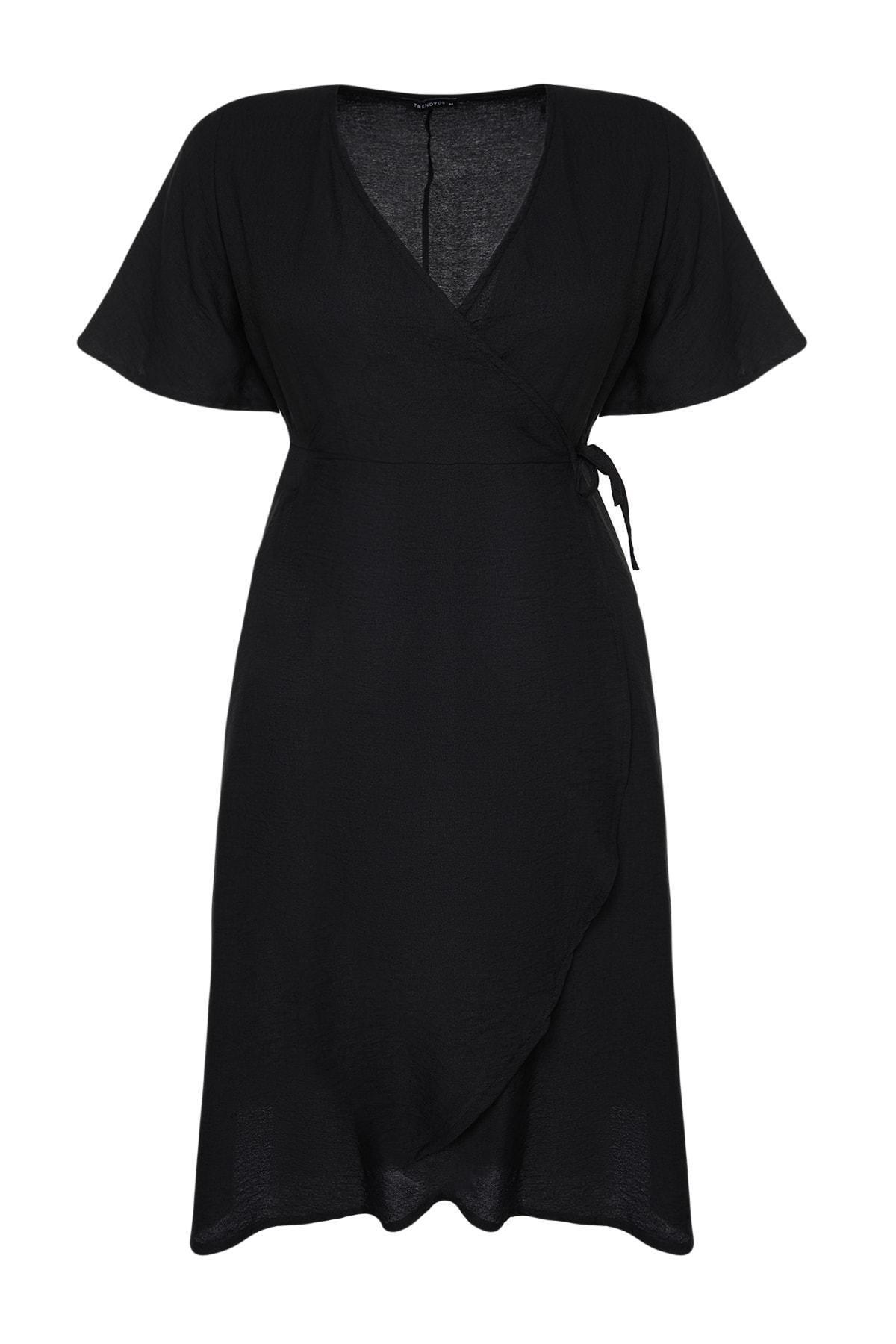 Trendyol - Black Wrapover V Neck Plus Size Dress