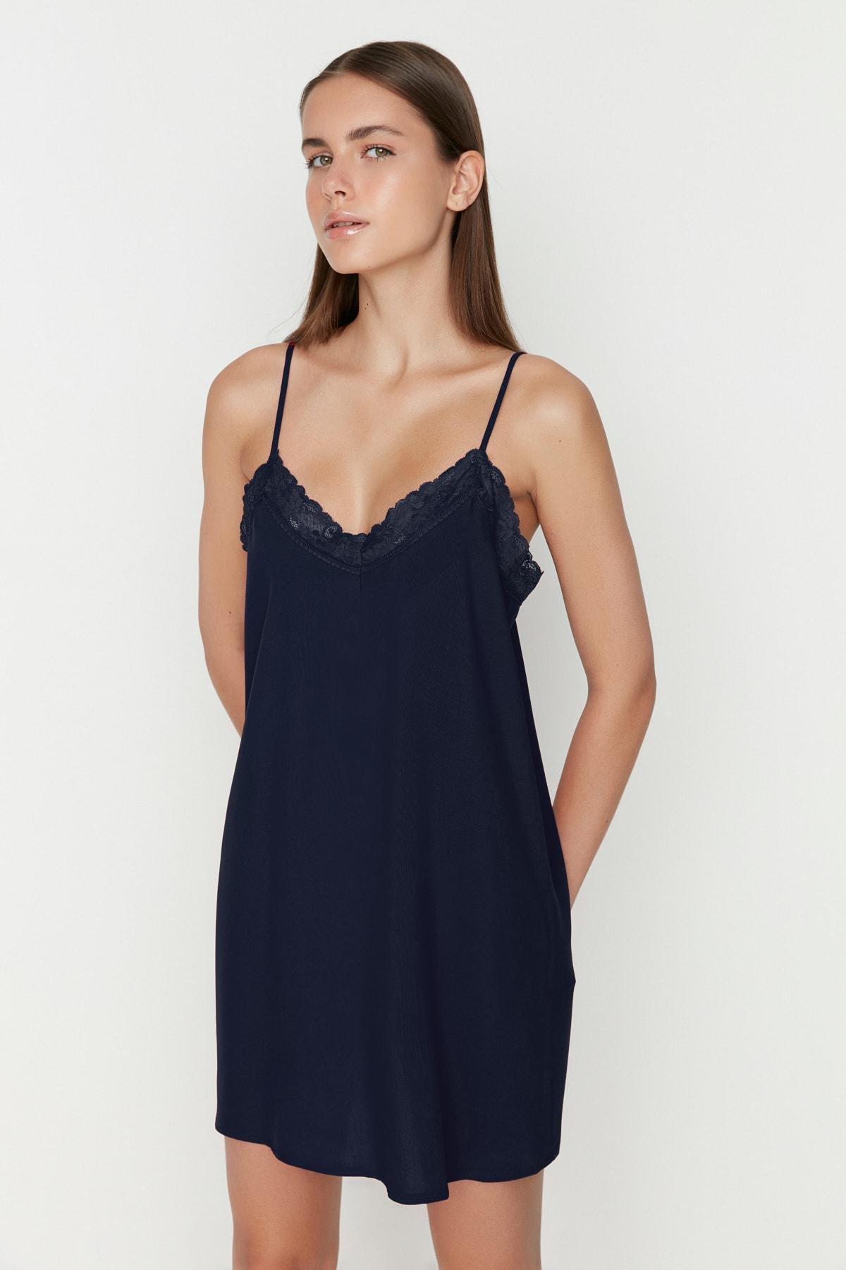 Navy Shift V Neck Nightgown, Dark blue, large image number 3