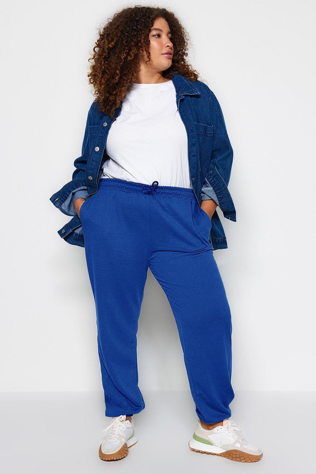 Indigo Jogger Leg Elastic Knit Plus Size Sweatpants TBBSS22EA0065, , large image number 3