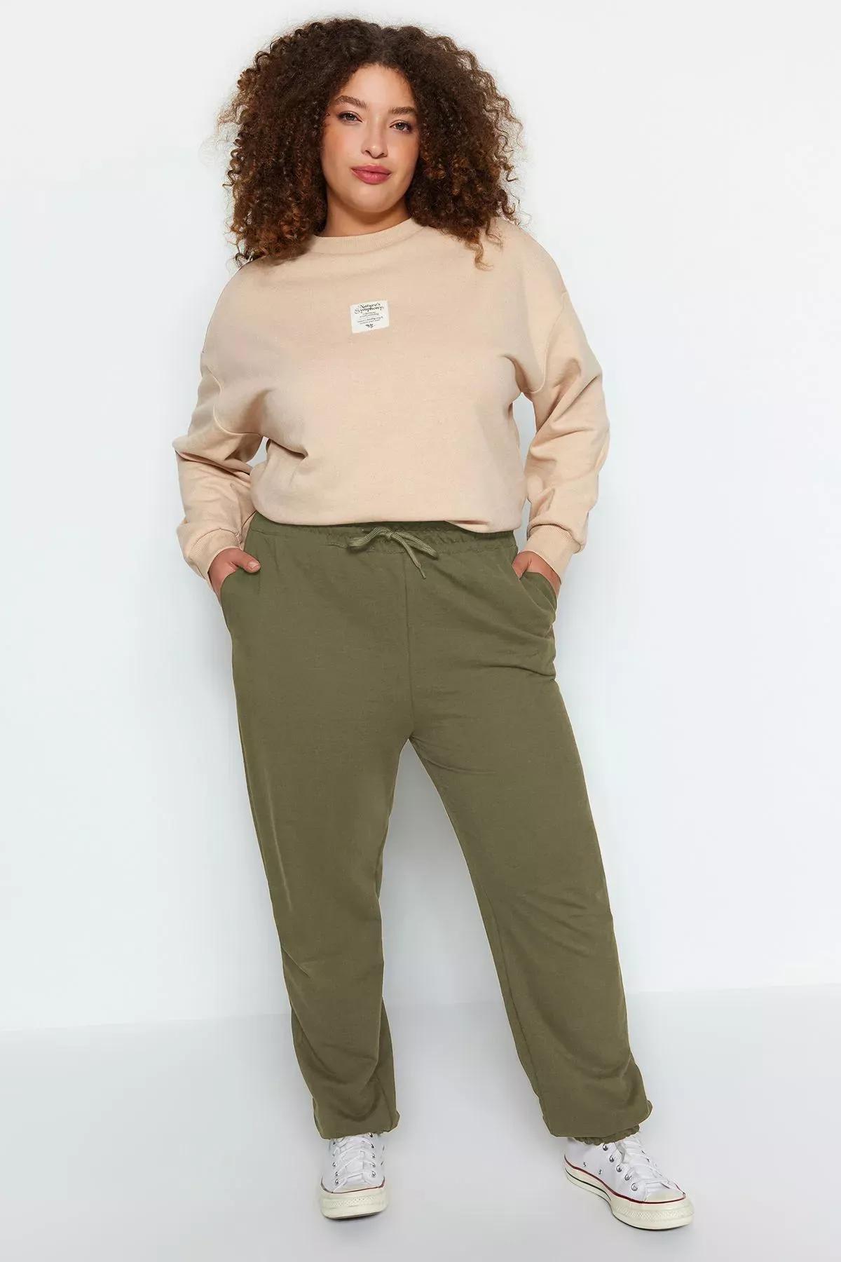 Green Elastic Knitted Plus-Size  Sweatpants, , large image number 0