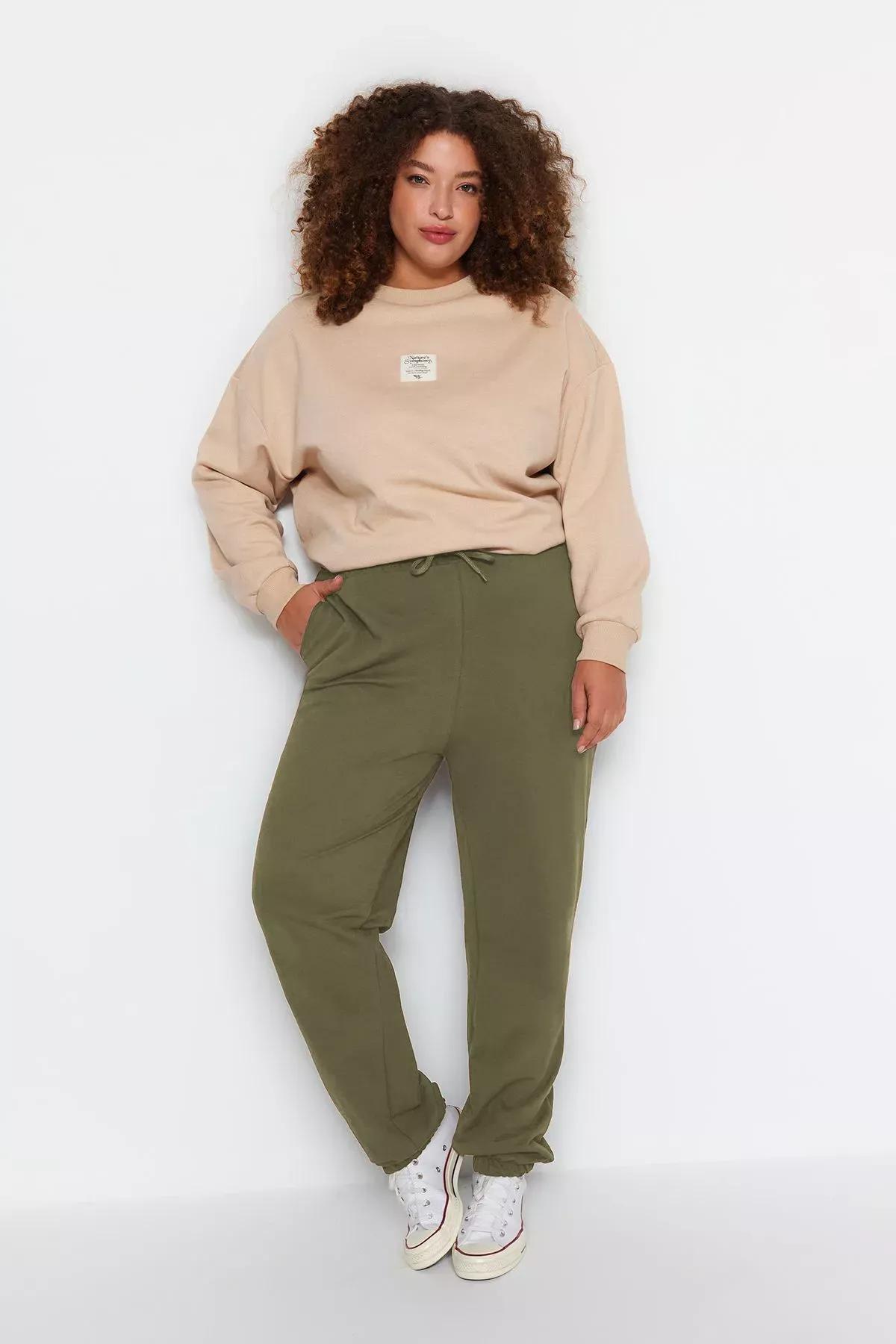 Green Elastic Knitted Plus-Size  Sweatpants, , large image number 1