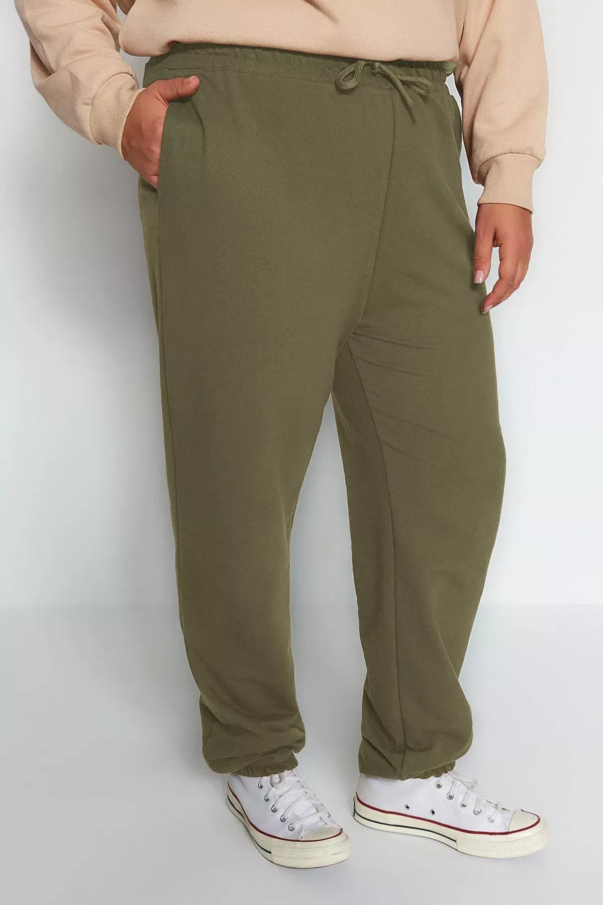 Green Elastic Knitted Plus-Size  Sweatpants, , large image number 2