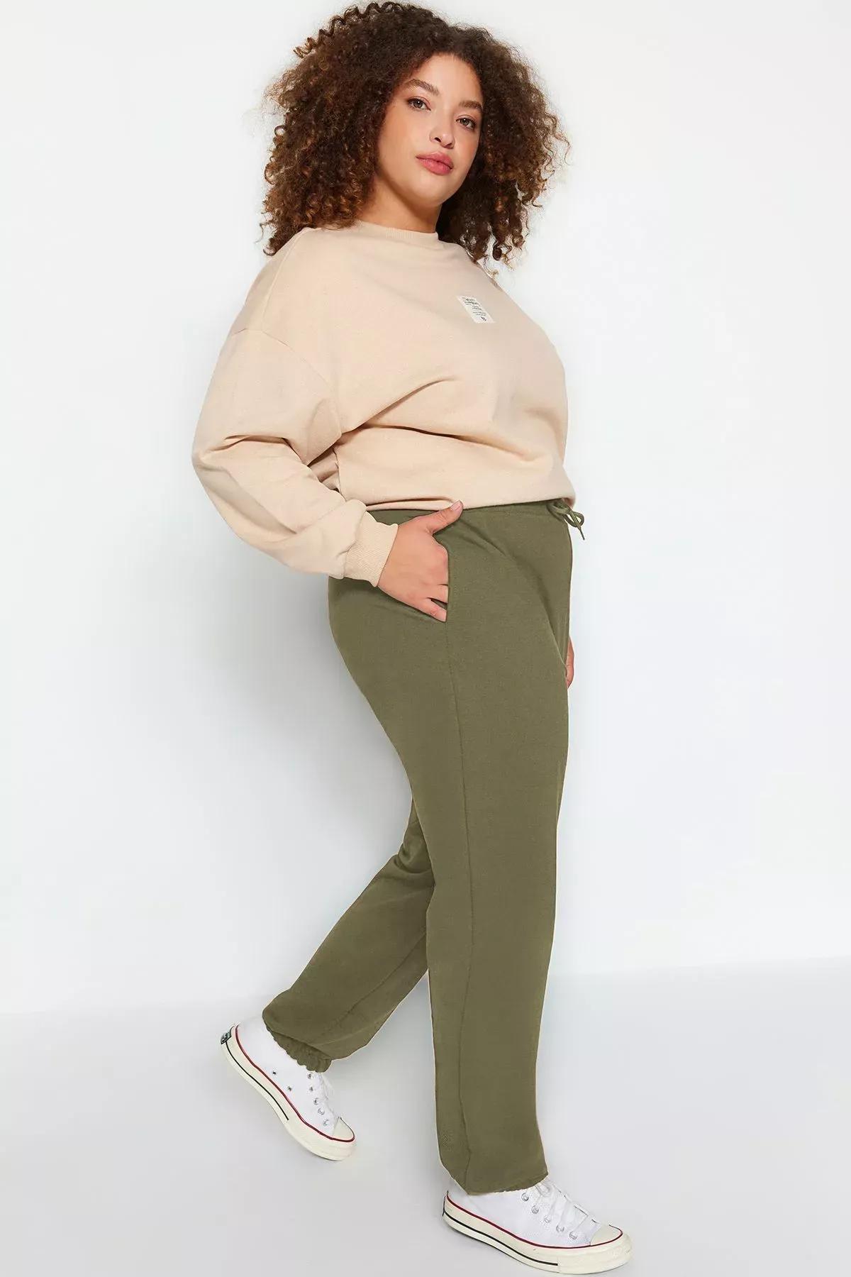 Green Elastic Knitted Plus-Size  Sweatpants, , large image number 3