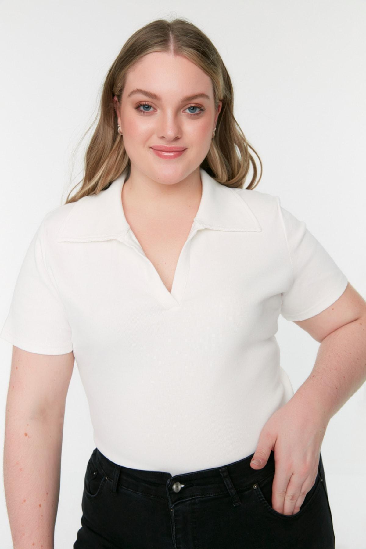 White Polo Neck Plus Size Blouse, White, large image number 0