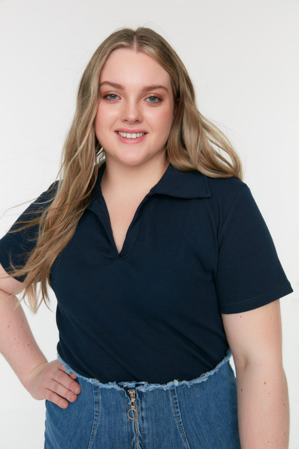 Navy Polo Neck Plus Size Blouse, , large image number 0