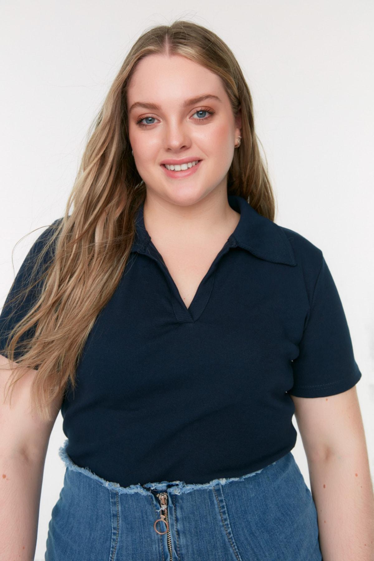 Navy Polo Neck Plus Size Blouse, , large image number 1