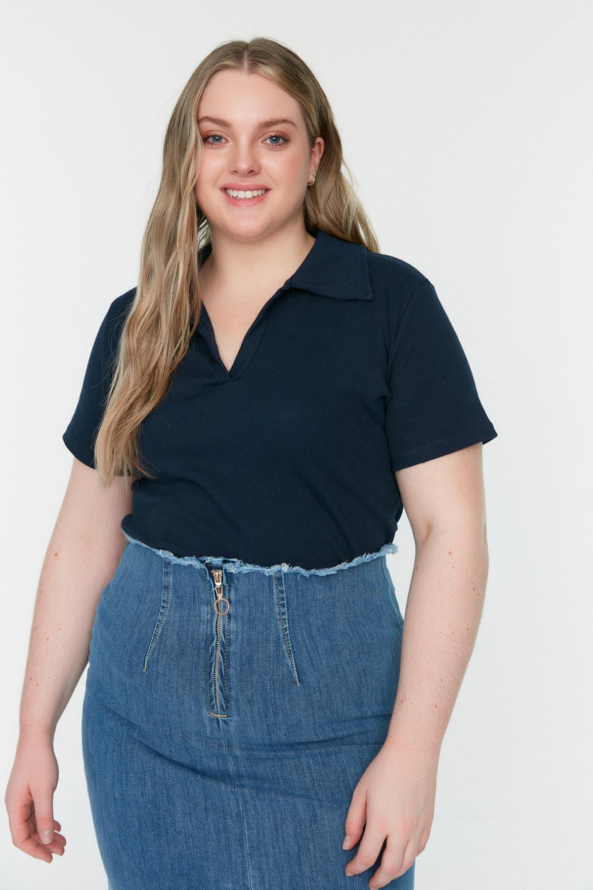 Navy Polo Neck Plus Size Blouse, , large image number 3