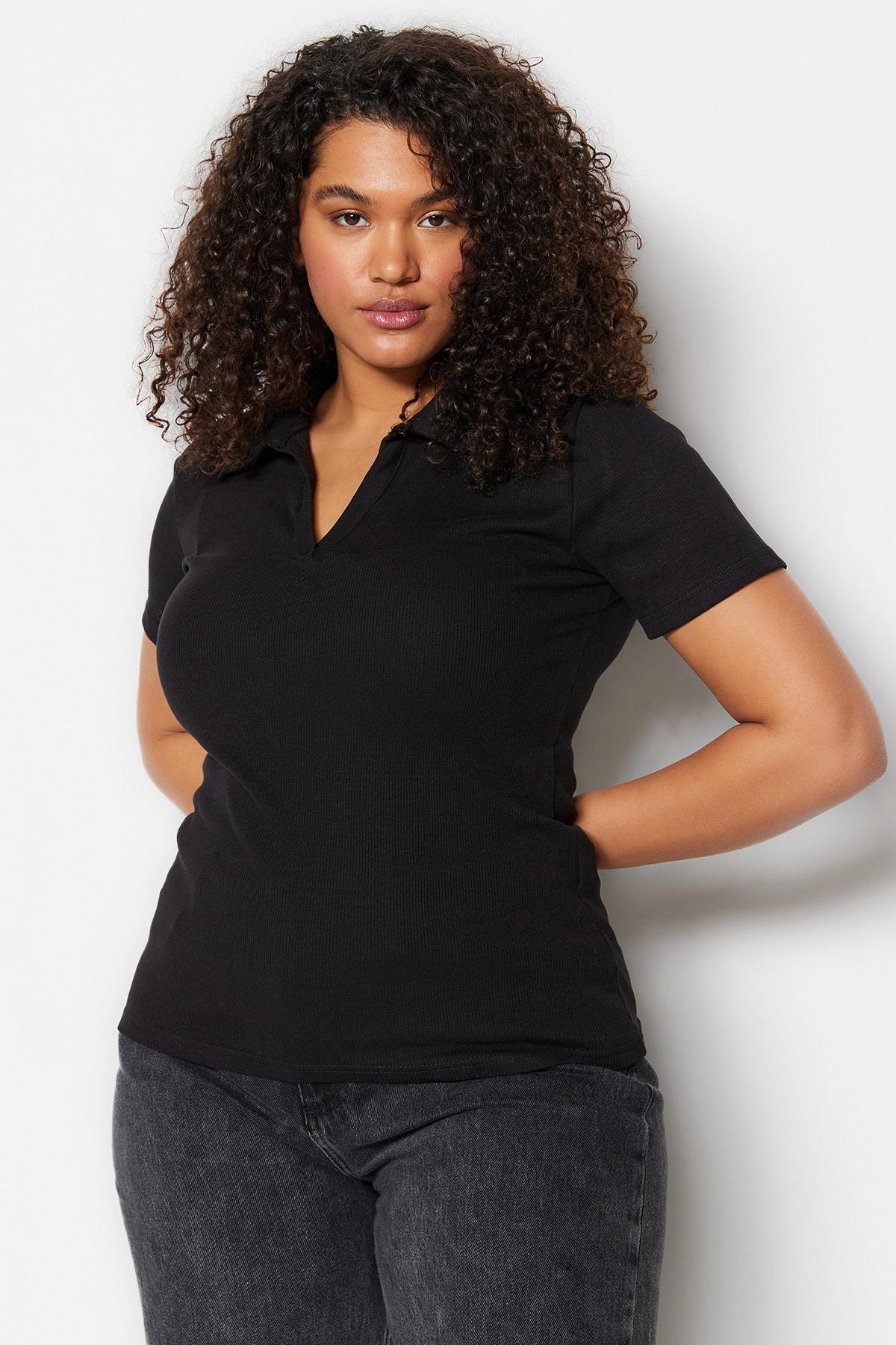 Black Polo Neck Plus Size Blouse, Black, large image number 0