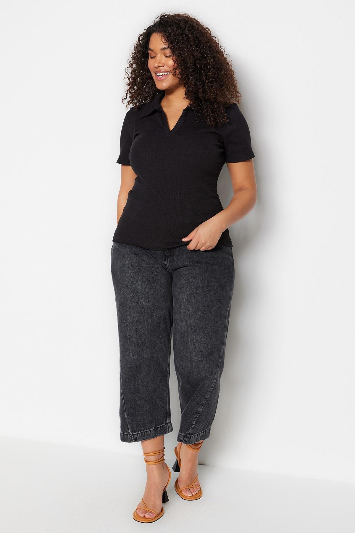 Black Polo Neck Plus Size Blouse, Black, large image number 2