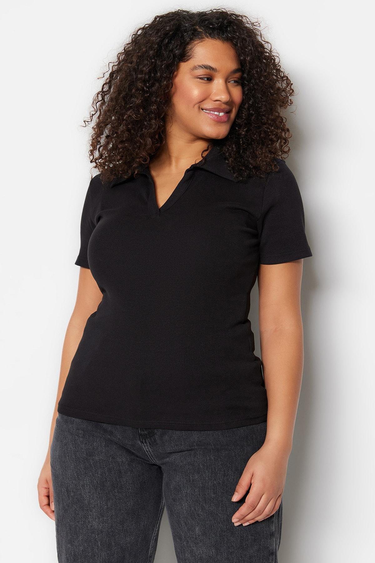 Black Polo Neck Plus Size Blouse, Black, large image number 3