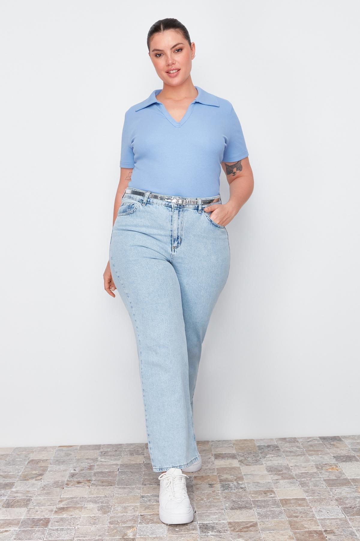 Blue Polo Neck Bodycon Knitted Top, , large image number 0