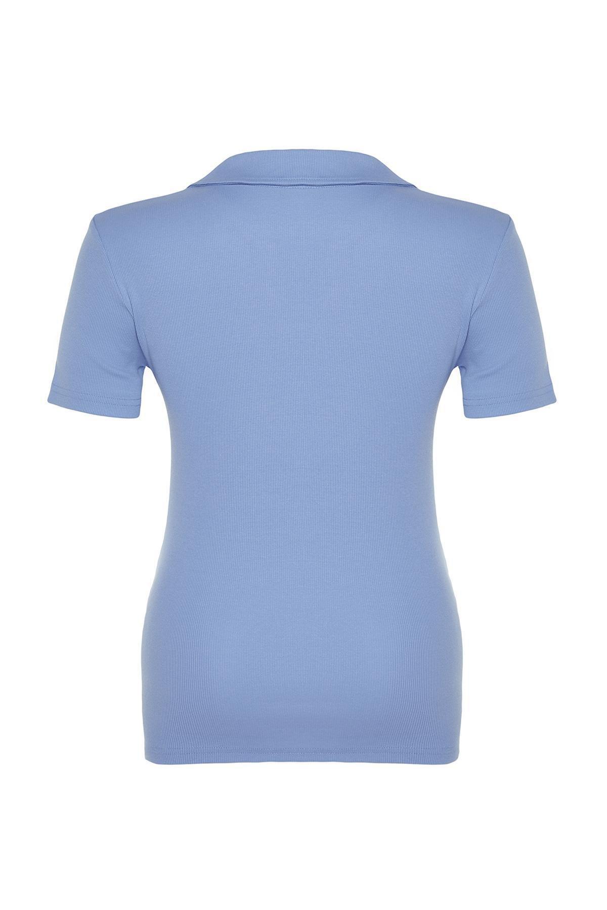 Blue Polo Neck Bodycon Knitted Top, Blue, large image number 1