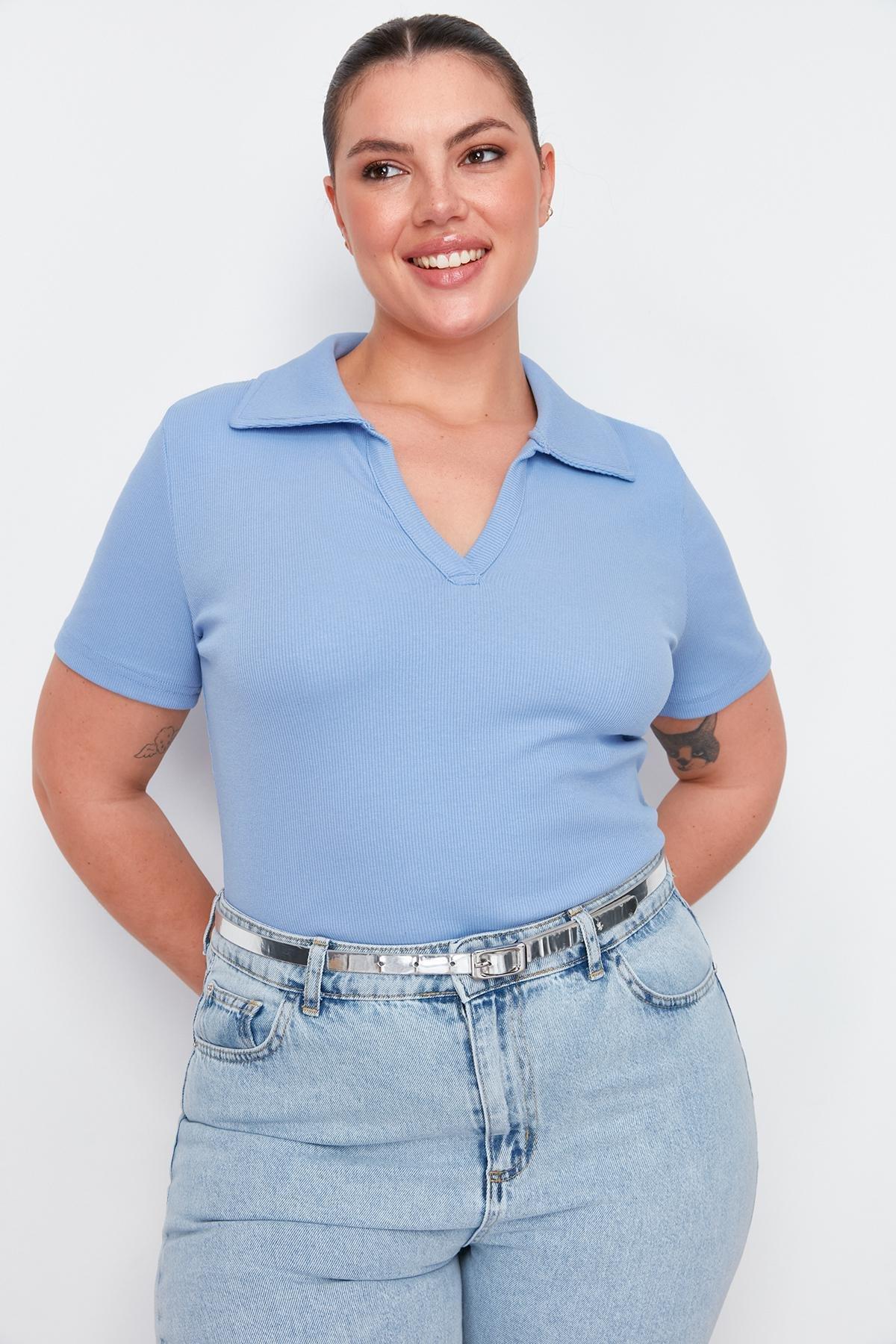 Blue Polo Neck Bodycon Knitted Top, Blue, large image number 2