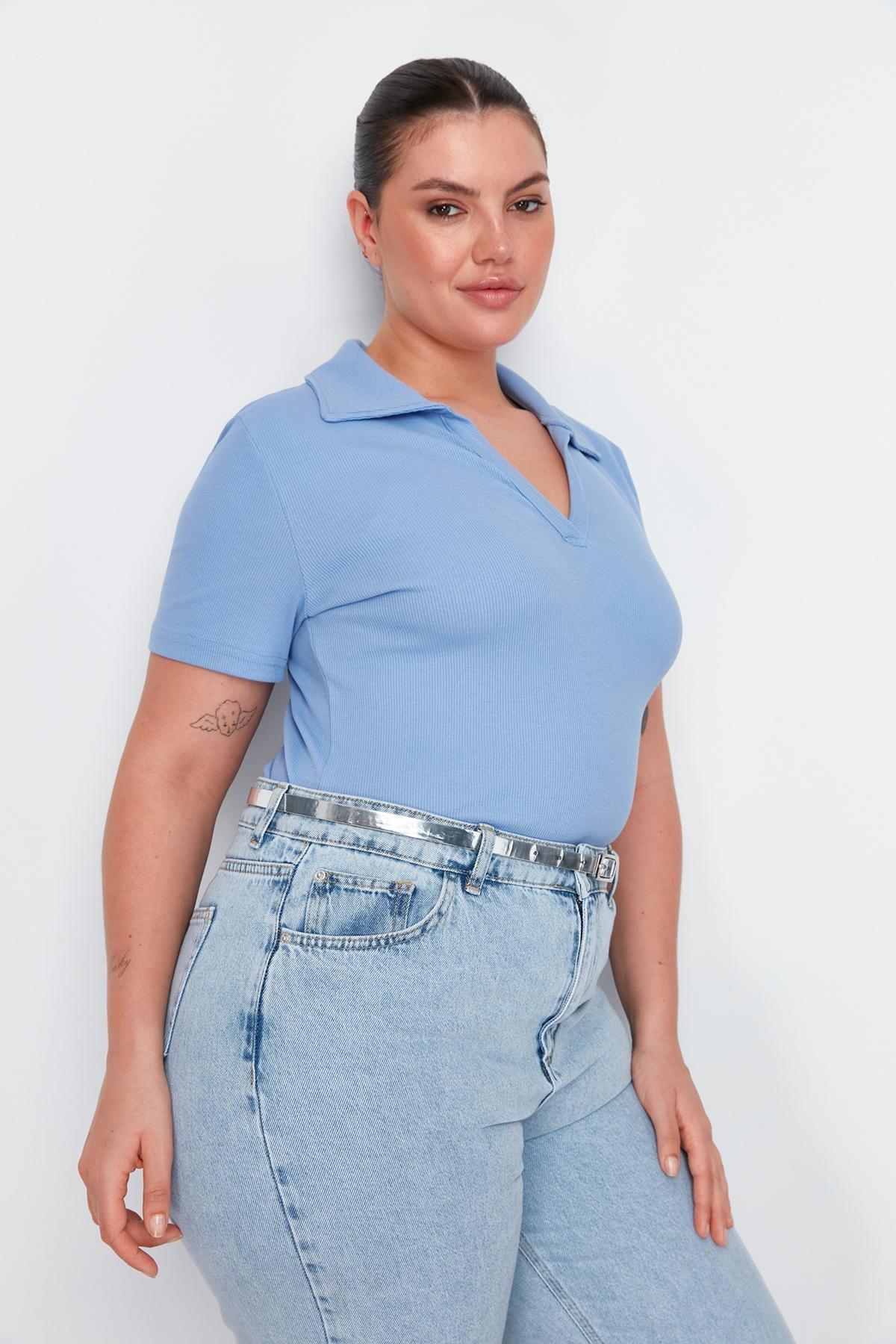 Blue Polo Neck Bodycon Knitted Top, Blue, large image number 3