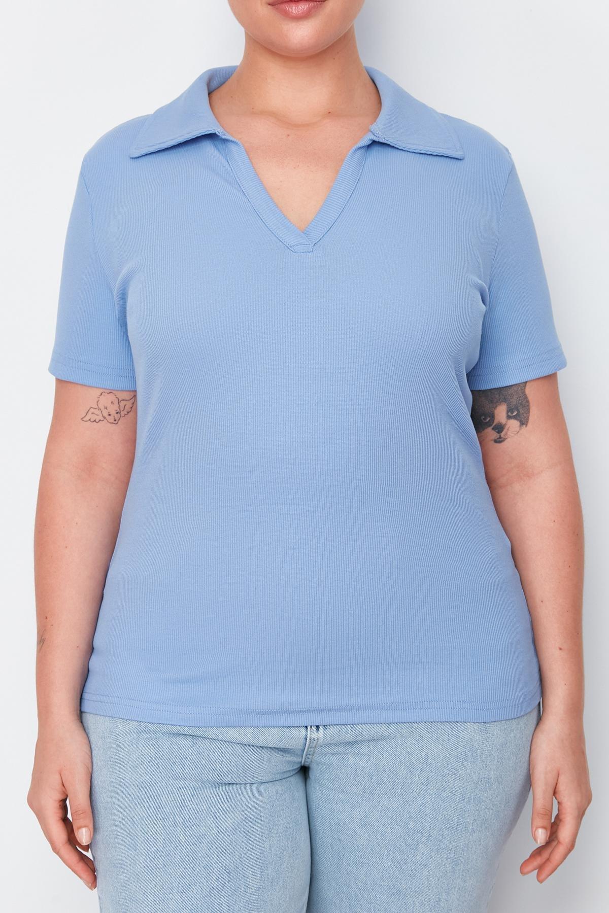 Blue Polo Neck Bodycon Knitted Top, Blue, large image number 4