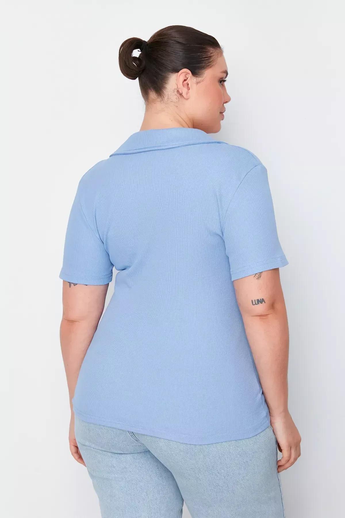 Blue Polo Neck Bodycon Knitted Top, Blue, large image number 6