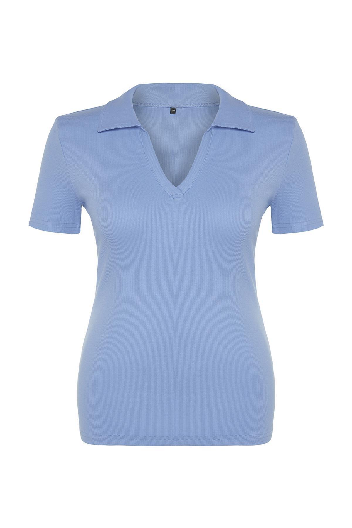Blue Polo Neck Bodycon Knitted Top, Blue, large image number 7
