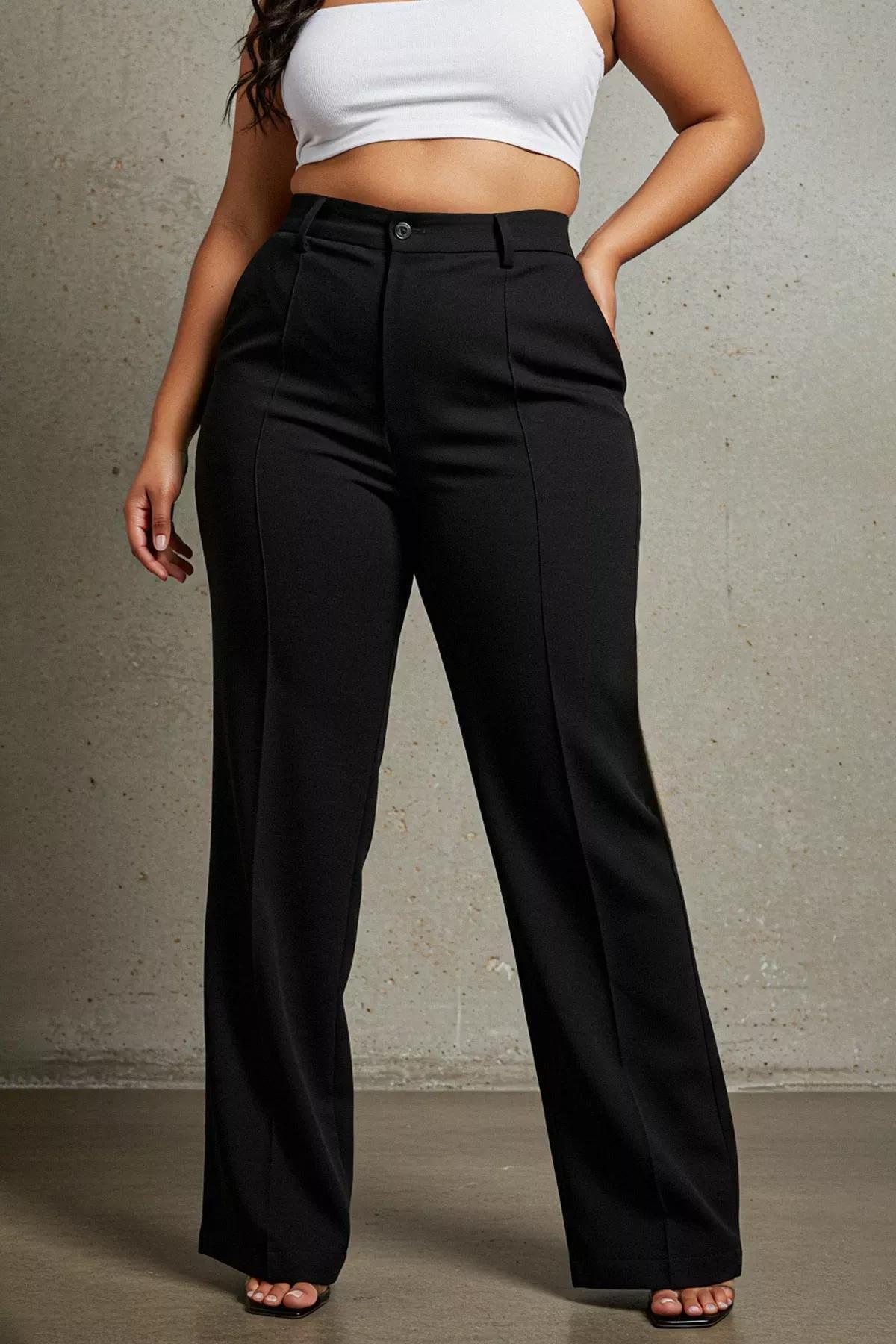 Black Wide Leg Plus Size Pants, Black, large image number 0