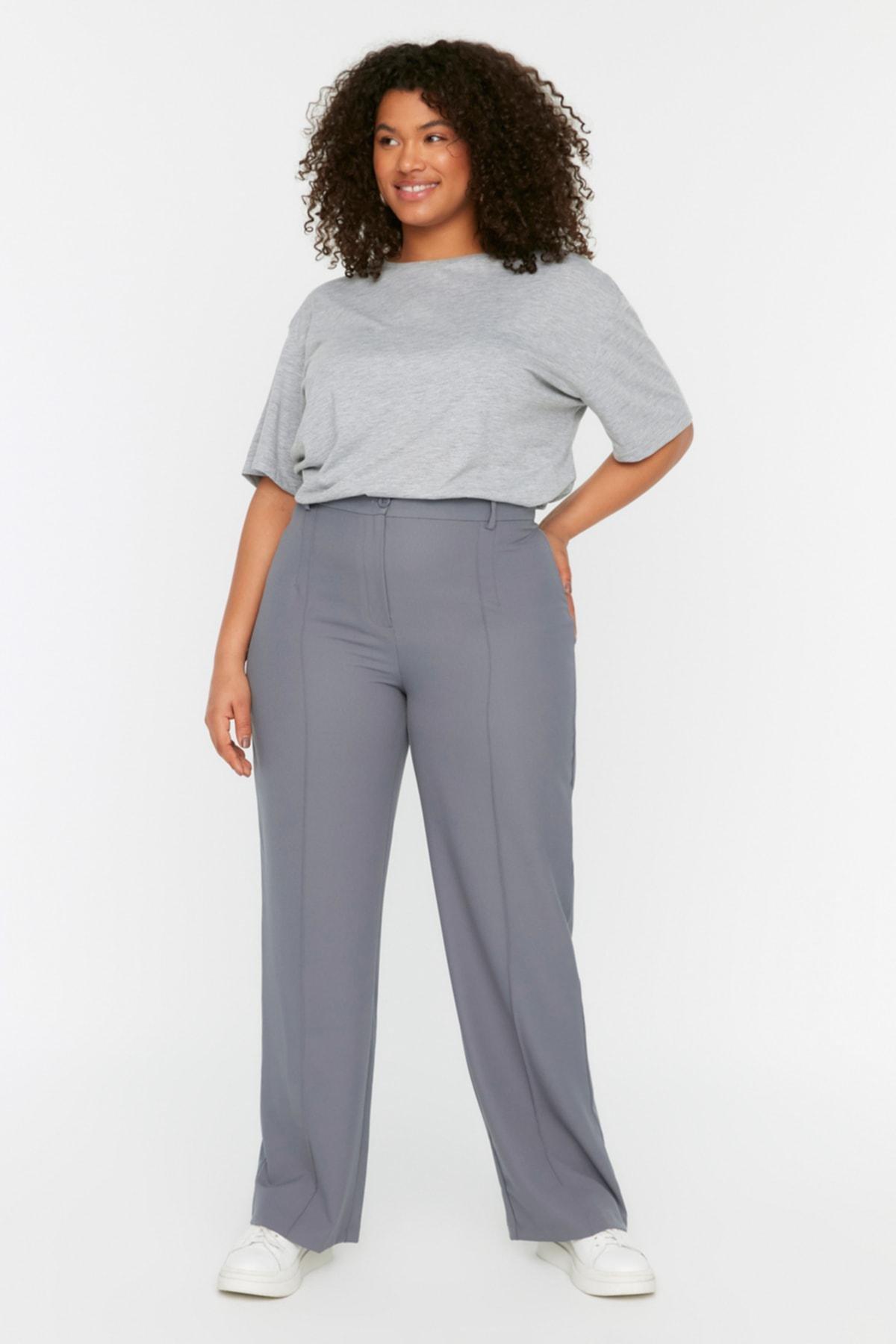 Trendyol - Grey Wide Leg Plus Size Pants