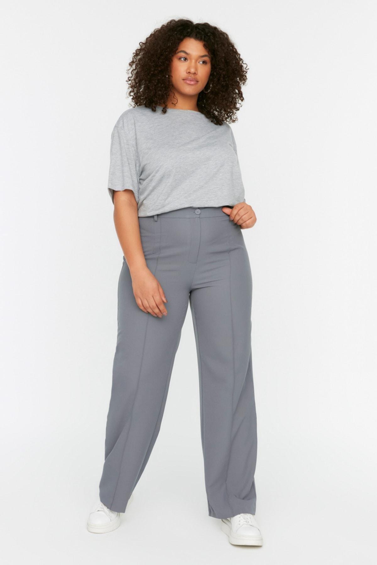 Trendyol - Grey Wide Leg Plus Size Pants