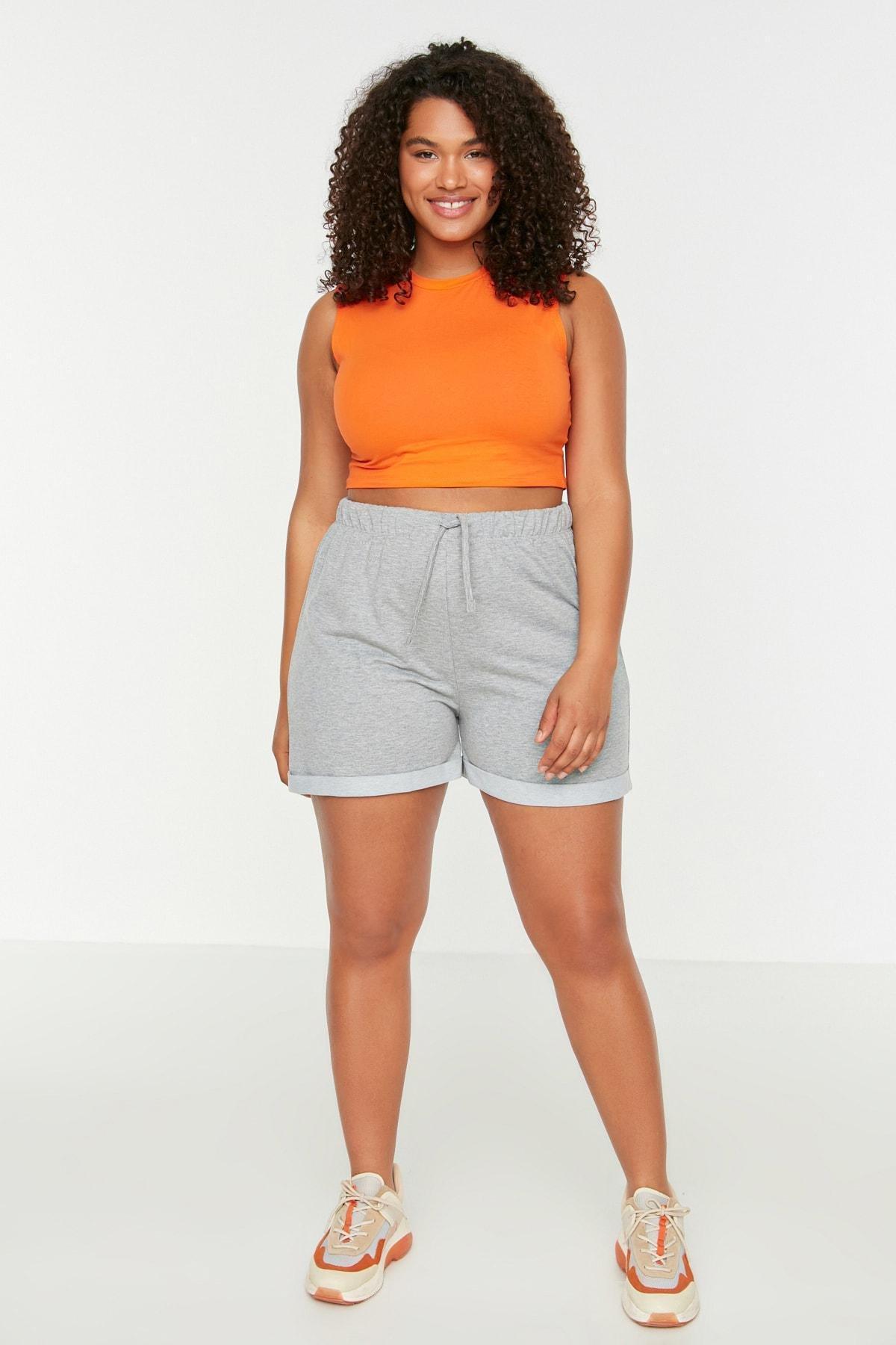 Trendyol - Grey Mid Waist Plus Size Shorts