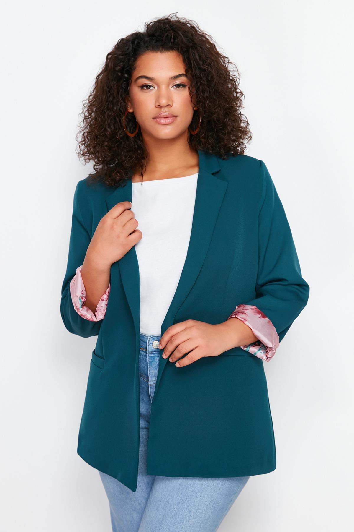 Green Plus Size Blazer Jacket, , medium