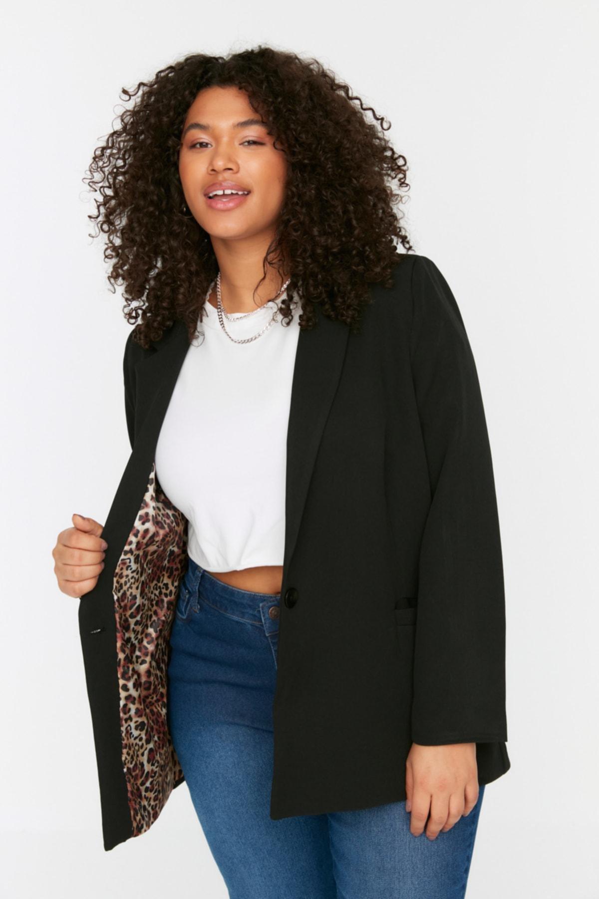 Black Lapel Collar Plus Size Jacket, , large image number 0