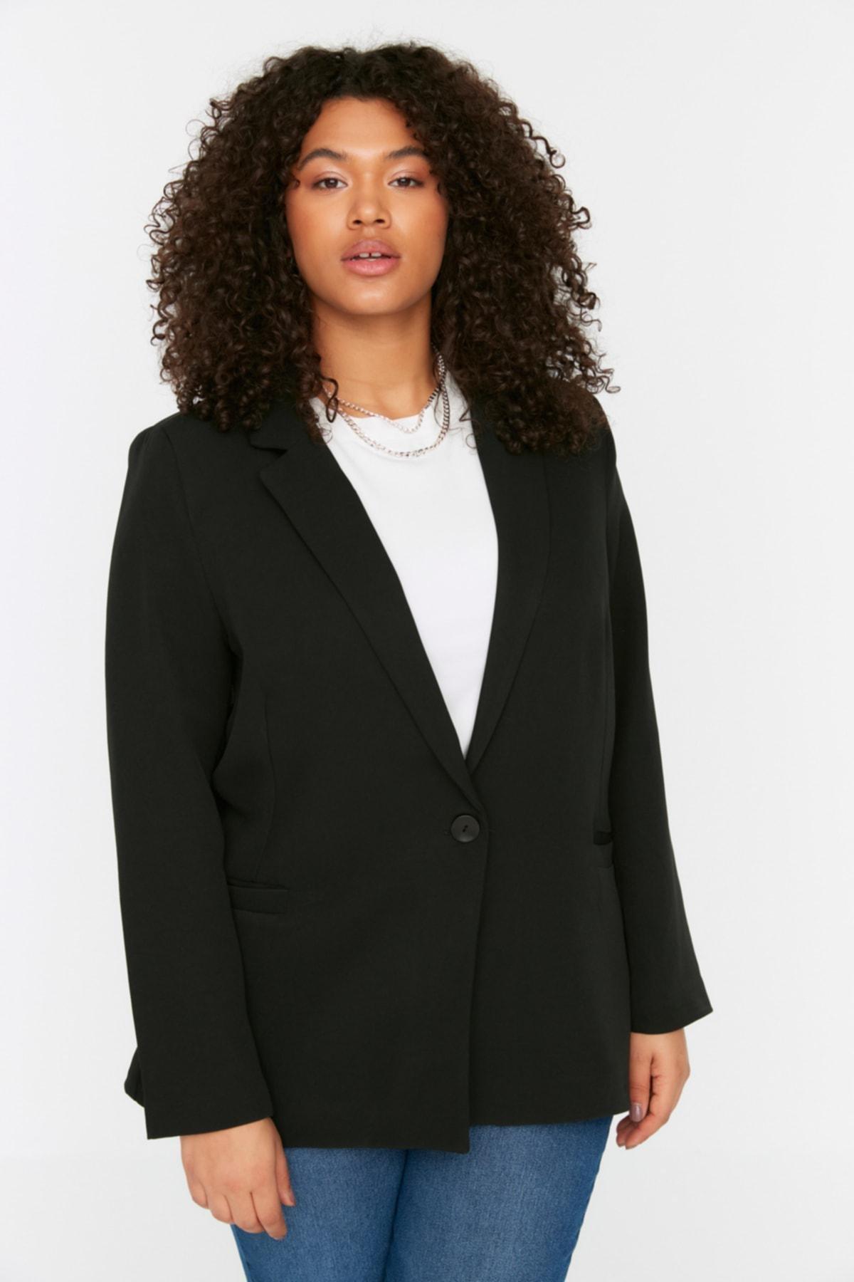 Black Lapel Collar Plus Size Jacket, , large image number 1