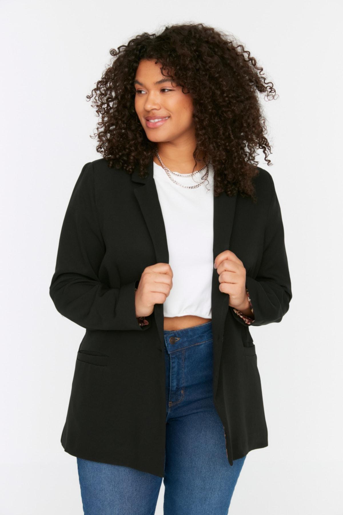 Black Lapel Collar Plus Size Jacket, , large image number 3