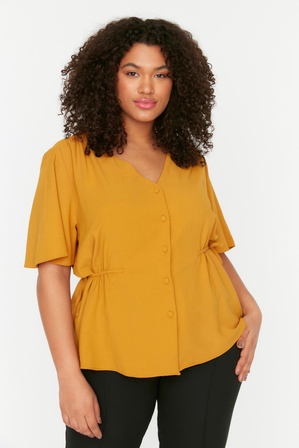 Yellow V Neck Plus Size Blouse, , large image number 0
