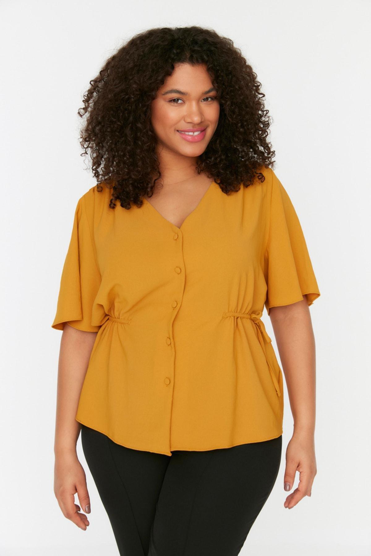 Yellow V Neck Plus Size Blouse, , large image number 1