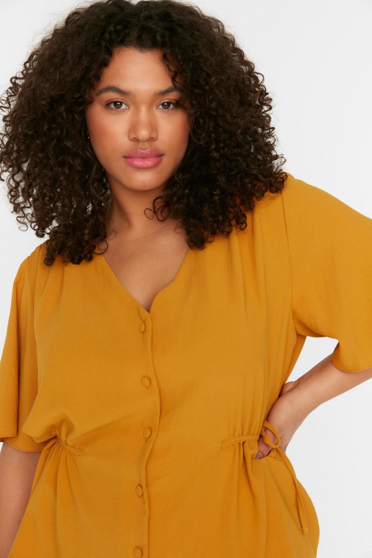 Trendyol - Yellow V Neck Plus Size Blouse