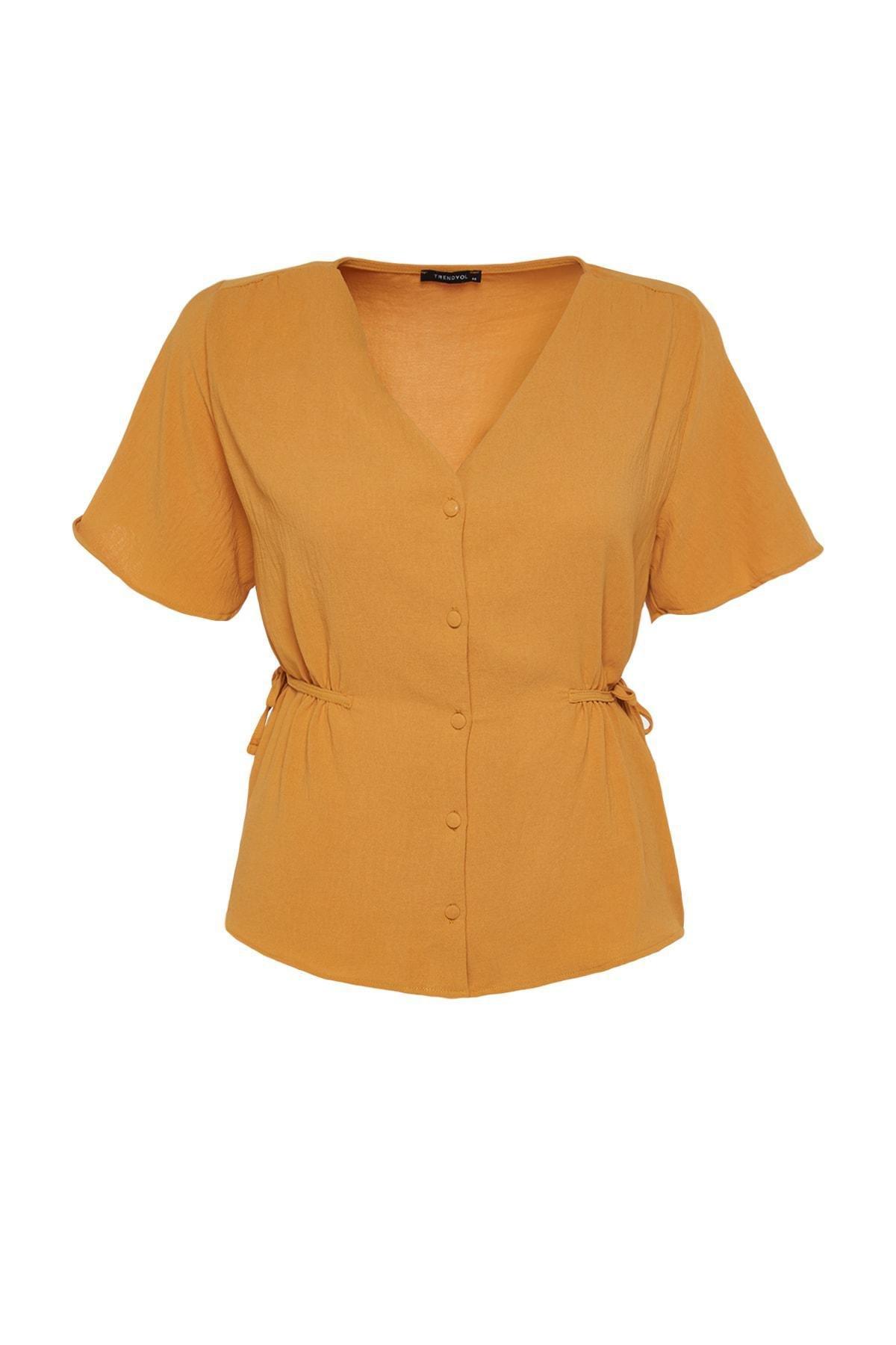 Yellow V Neck Plus Size Blouse, , large image number 5