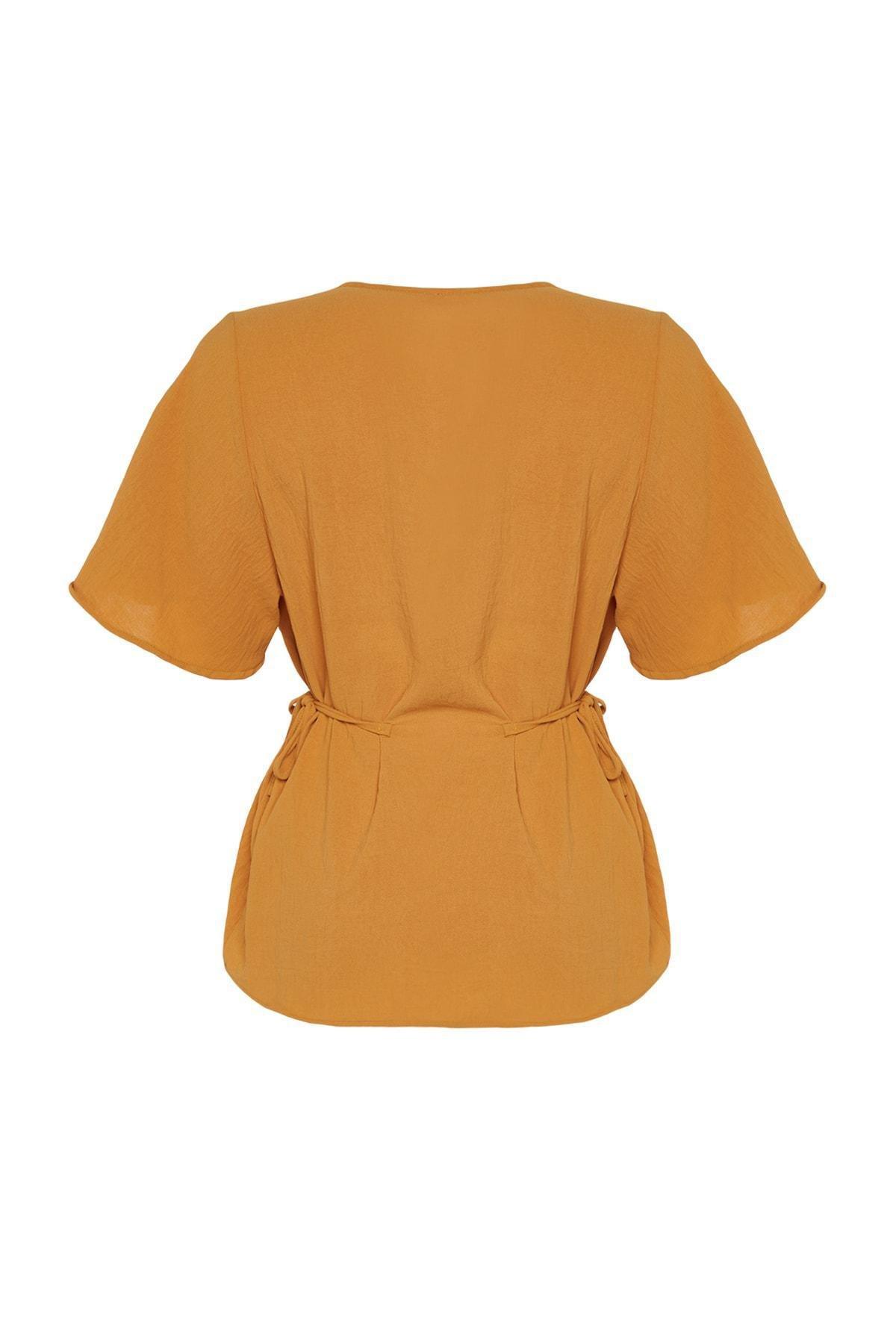 Yellow V Neck Plus Size Blouse, , large image number 7