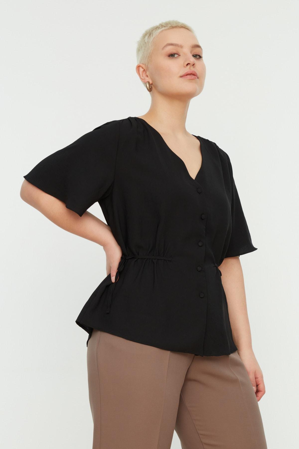 Black V-Neck Plus Size Blouse, , large image number 1