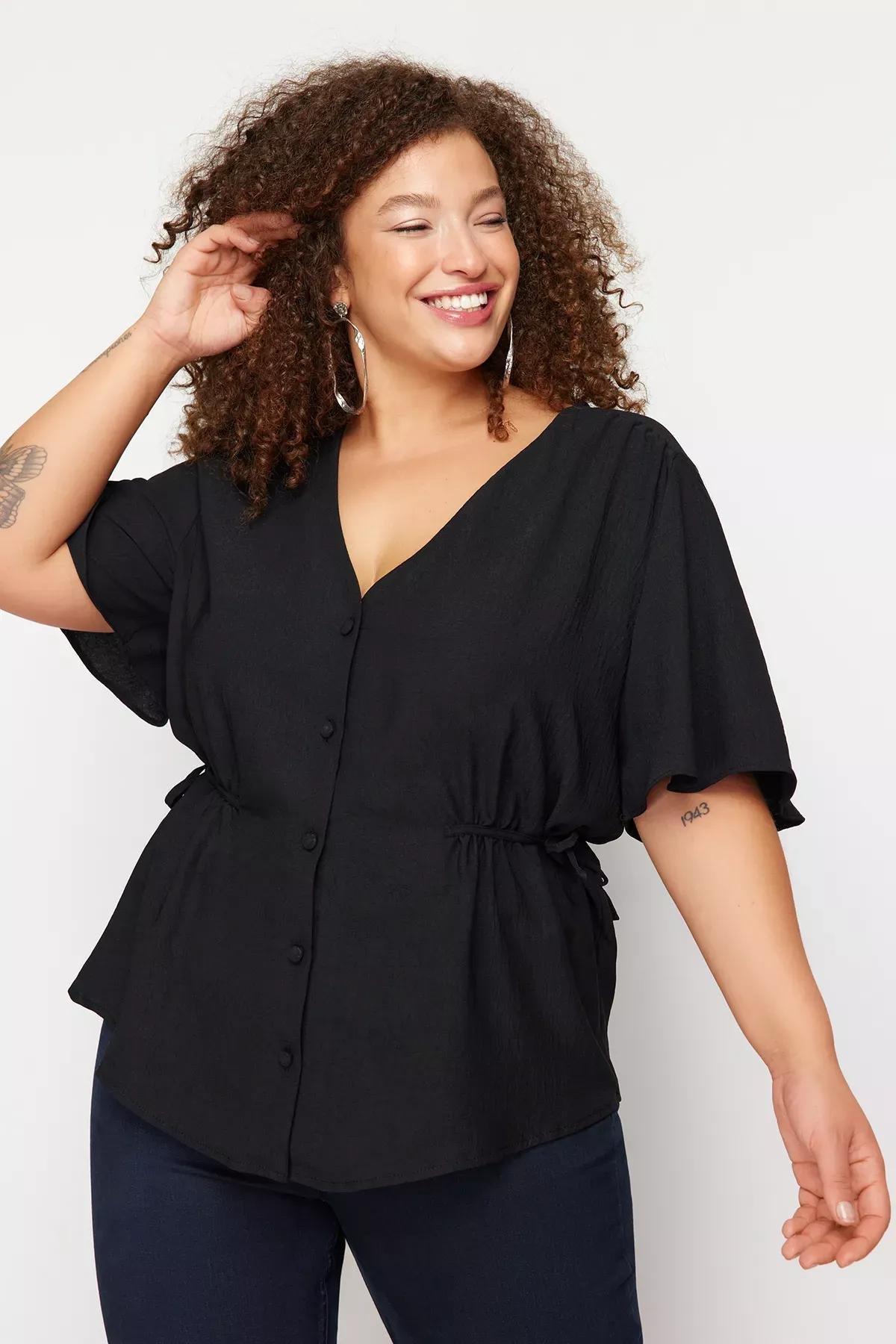Black V-Neck Plus Size Blouse, , large image number 1